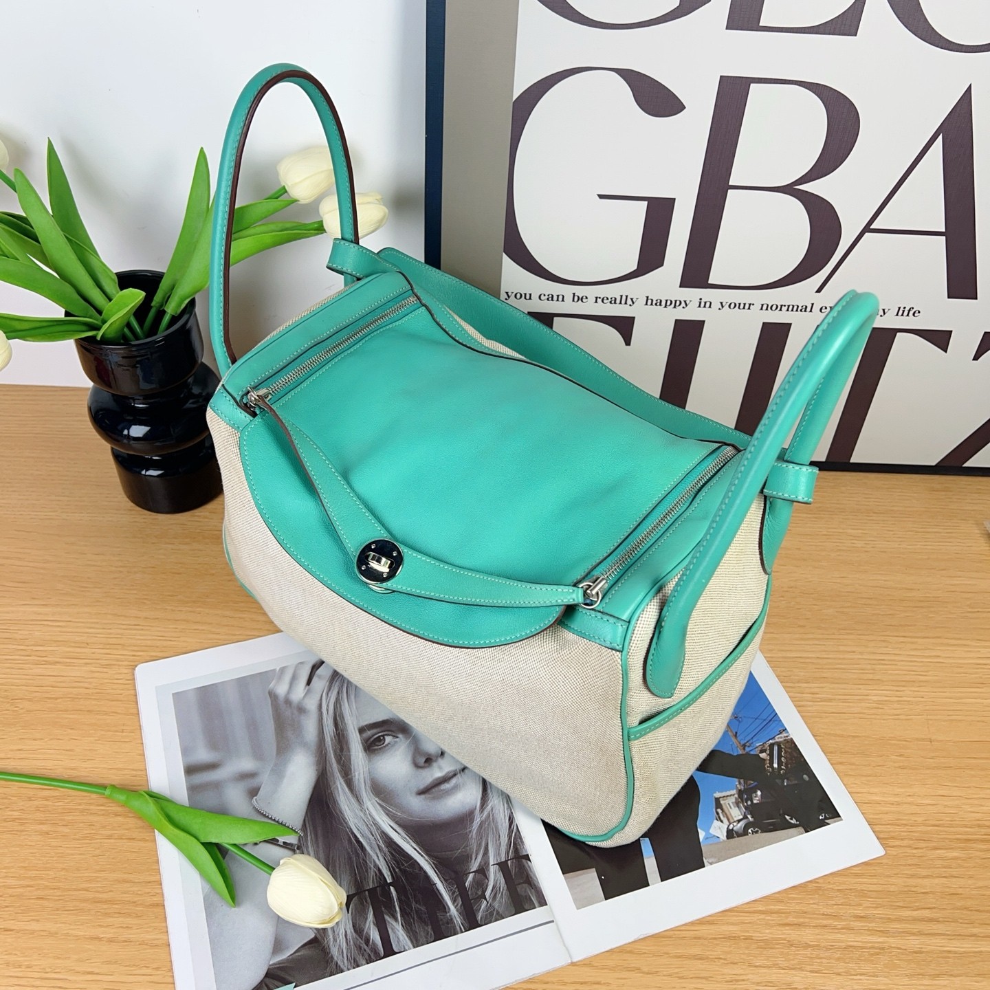 Hermès Lindy 34 | Canvas & Swift Leather, Peacock Green, Square L Stamp