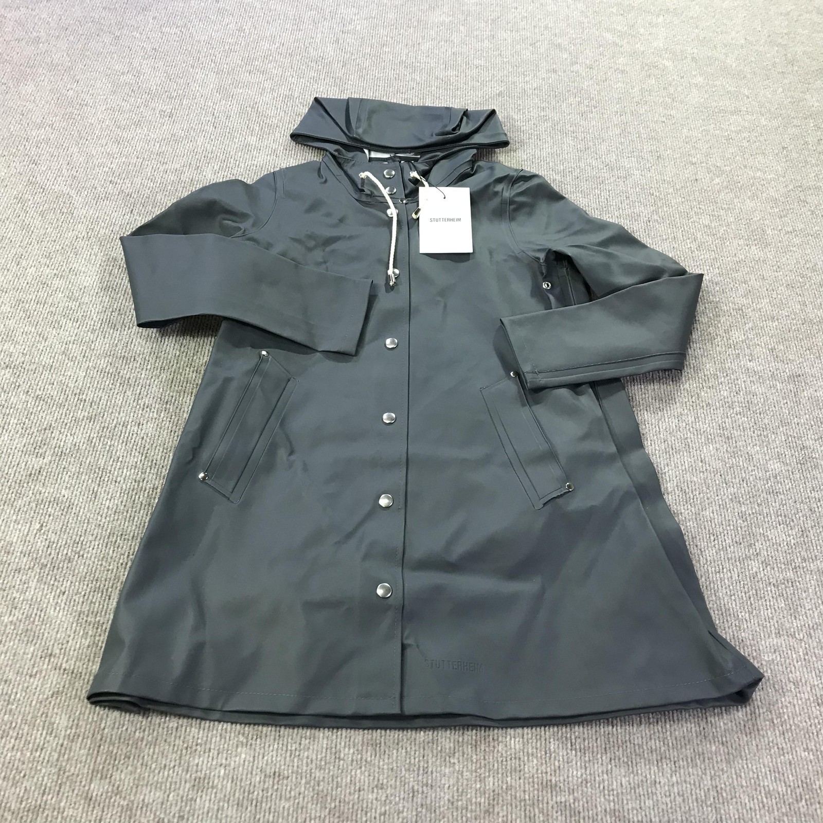 Stutterheim Mosebacke Rain Coat Womens XXXS Charcoal Gray Hooded Waterproof