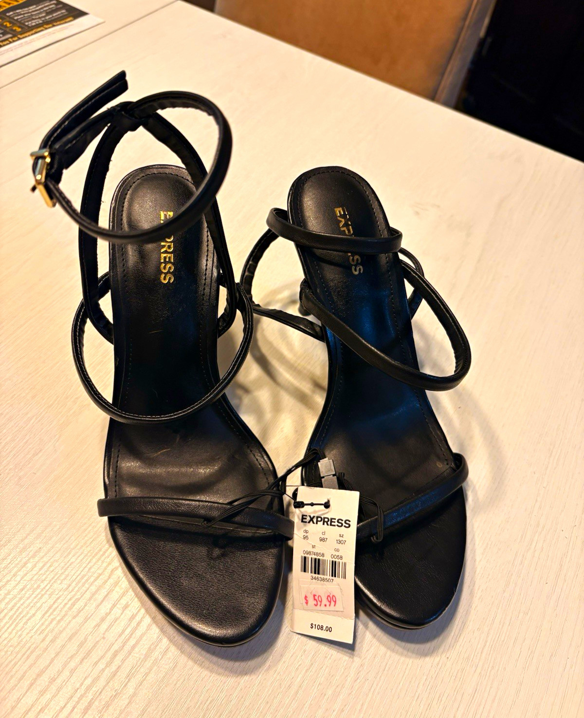 Express Black Strappy Ankle Strap Open Toe Stiletto Buckle Heel US 7 Reg. $108