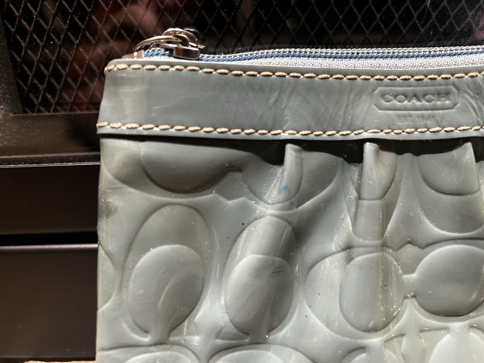 Coach Leah Embossed Patent Leather Marine Wristlet with Tan Trim 6.5×4 In