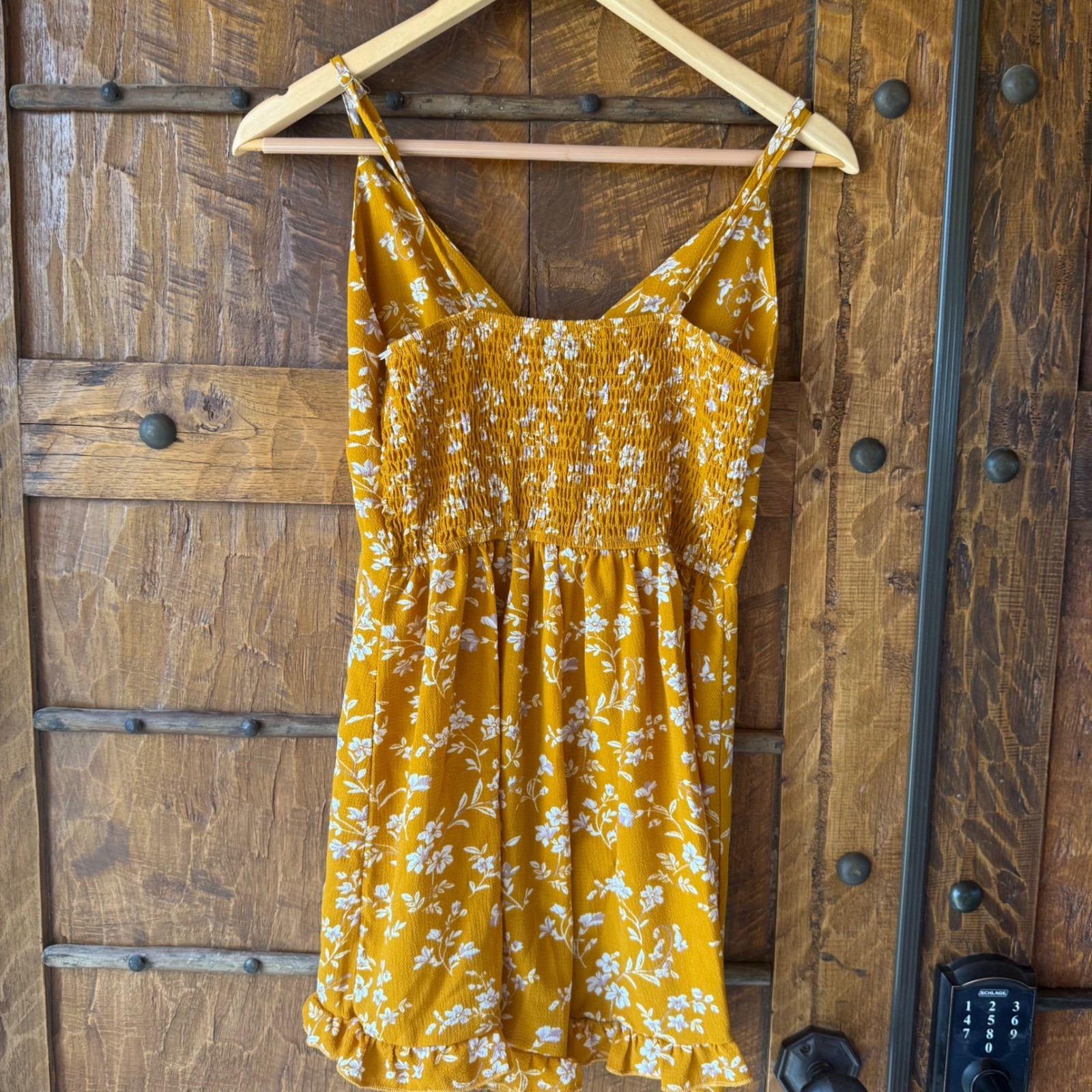 Cider Mustard Yellow Floral Romper V-Neck Smocked Back Ruffle Hem Buttons Small