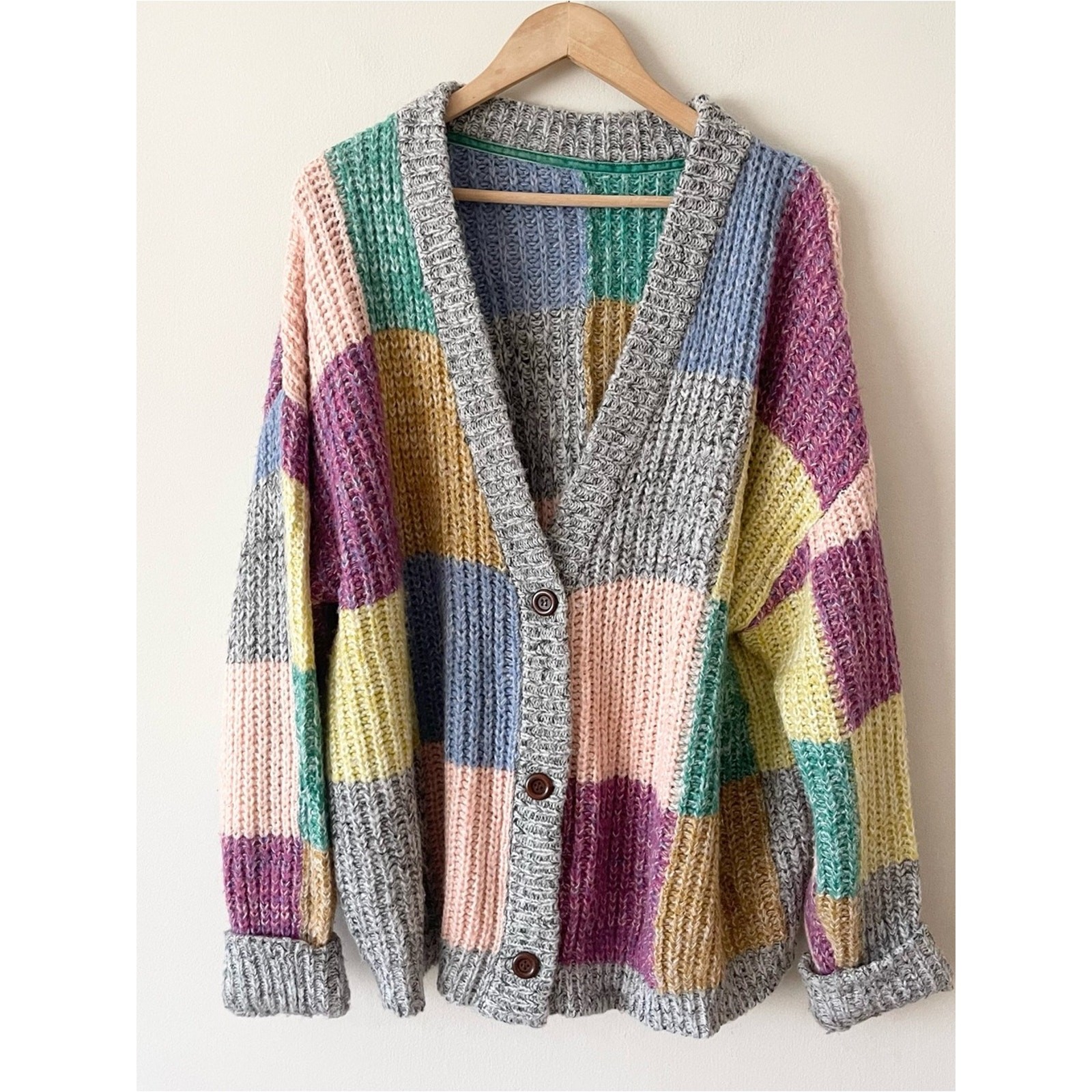 Sundance Chunky Multicolor Patchwork Cardigan Sweater Wool Blend Oversized