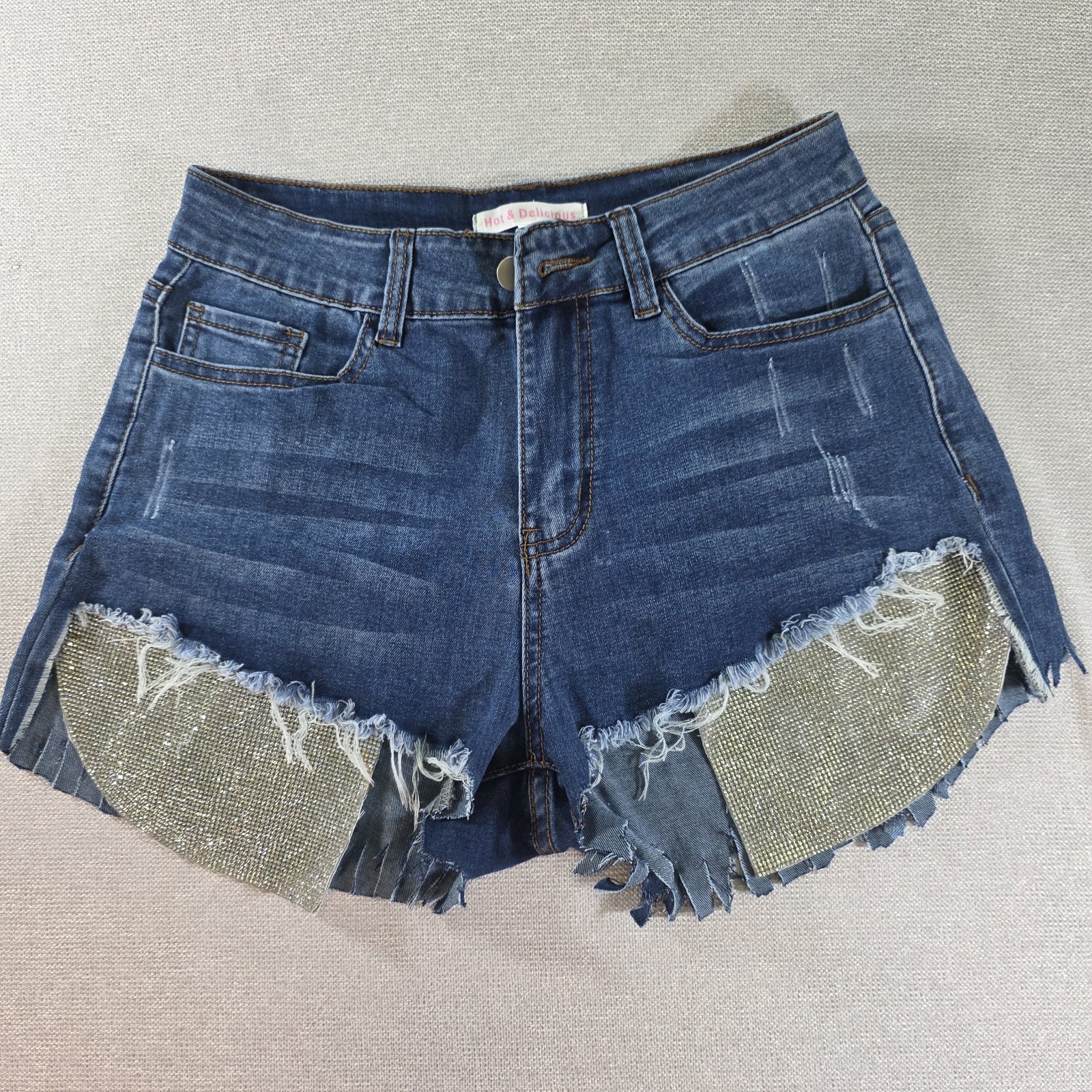 HOT & DELICIOUS Distressed Denim Shorts Rhinestone Crystals Festival Glam Size M