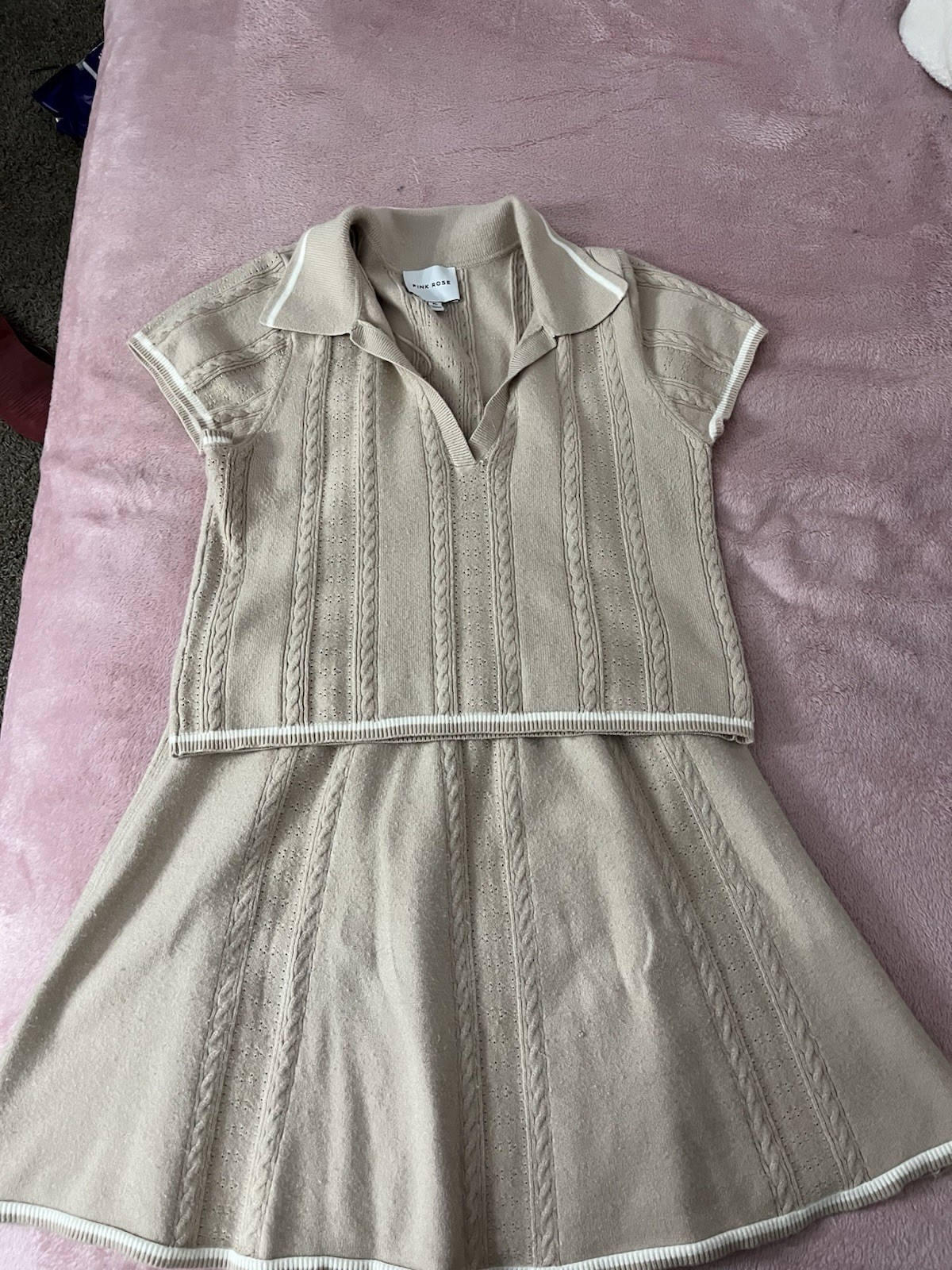 Pink Rose Beige Cable Knit Collared Short Sleeve Sweater Skirt Set XXL
