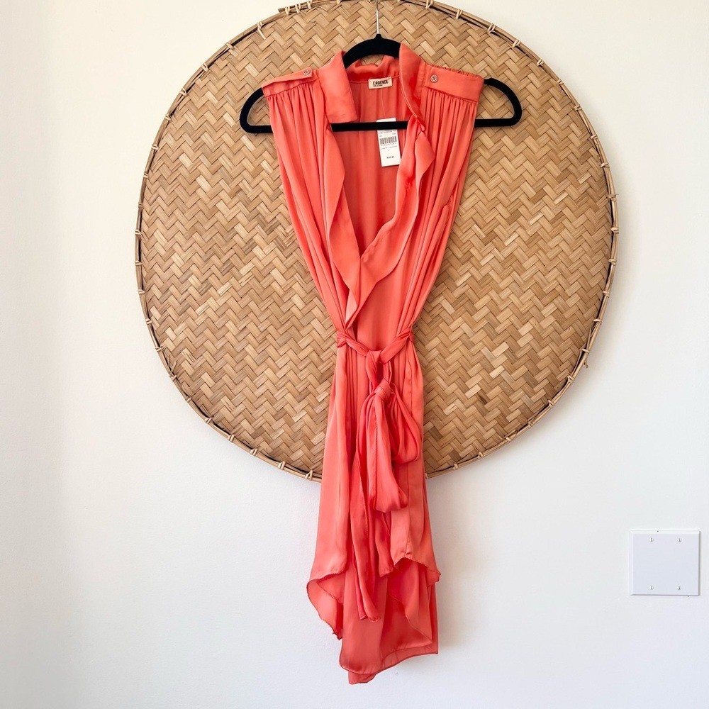 L’AGENCE STUNNING TANGERINE V-NECK FLOWY TIE FRONT MINI DRESS NWT COCKTAIL