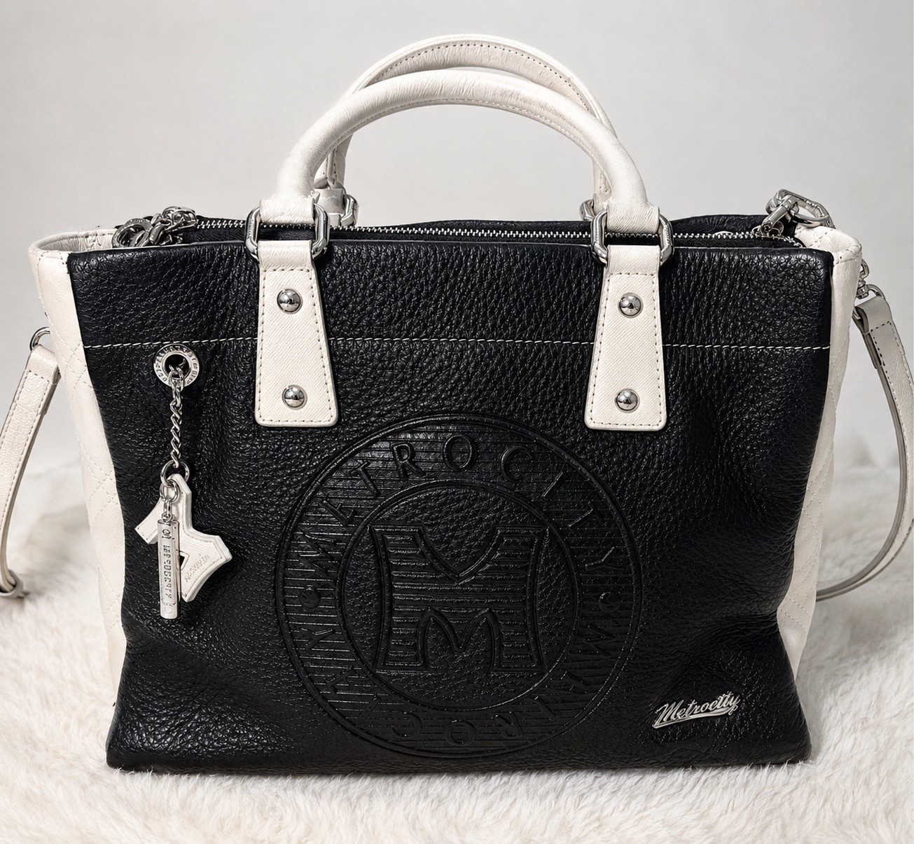 Metrocity Black Off White Logo Satchel Tote Crossbody Bag Faux Leather EUC