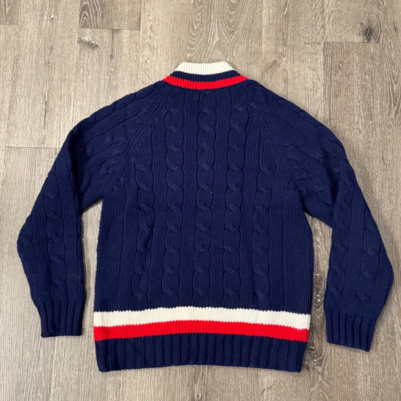 IZOD Lacoste Sweater Men L Navy Blue Cable Knit Varsity V-Neck Vintage Pullover