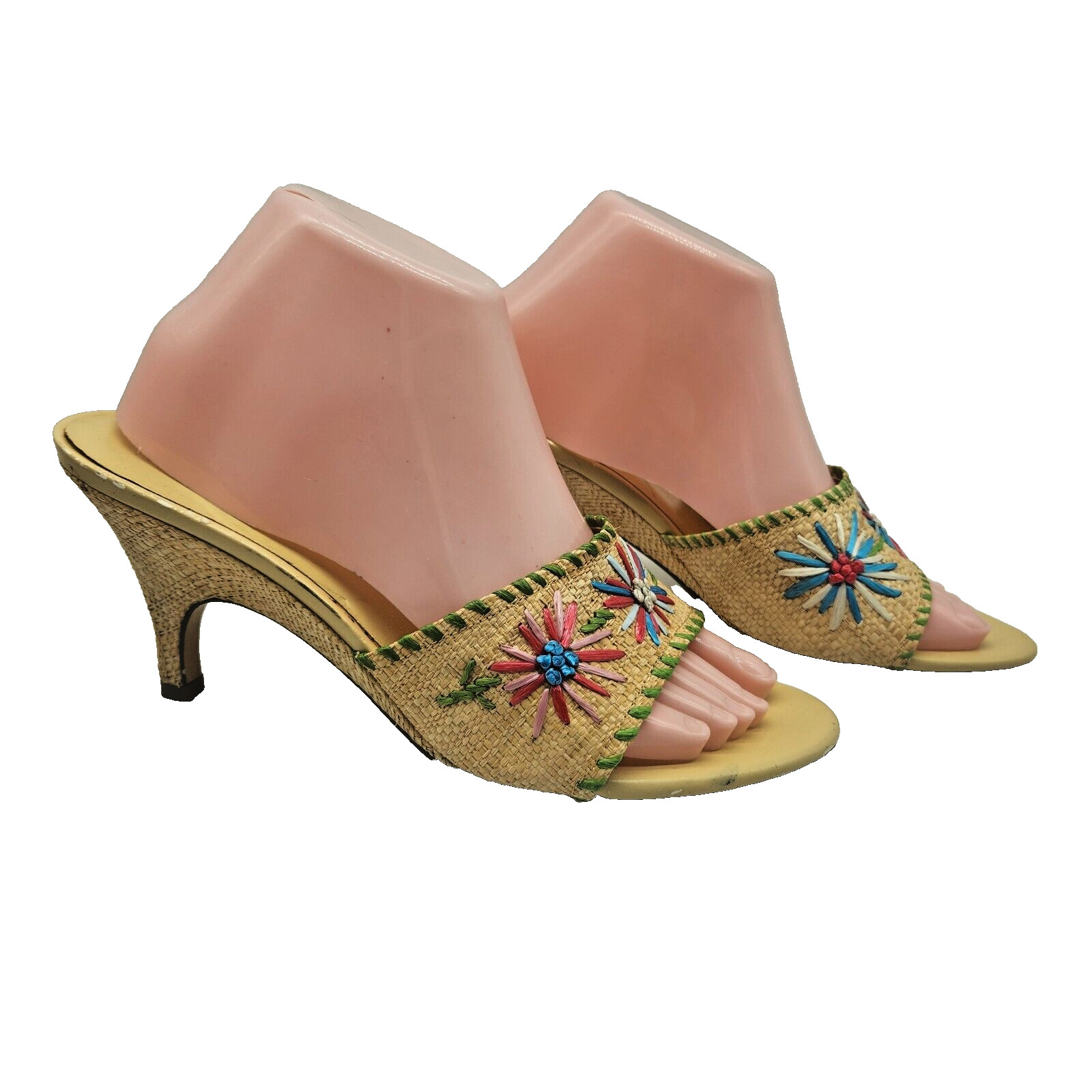 NEW Apostrophe Wedge Summer Straw Sandals Embroidered Flowers Leather Size 9