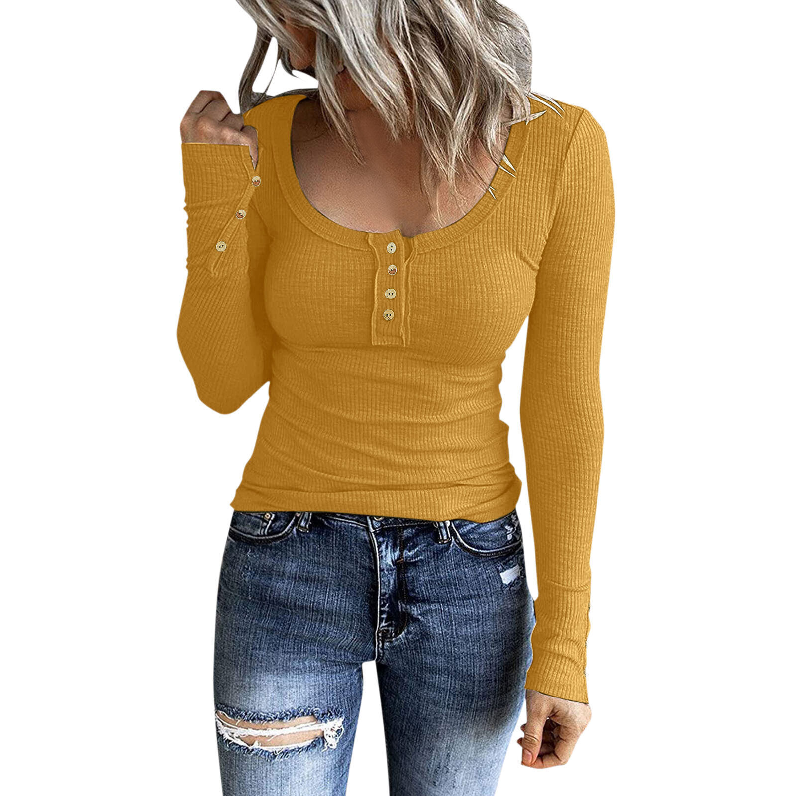 Lady Long Sleeve Henley T Shirt Button Slim Fit Top Scoop Neck Ribbed Knit Shirt