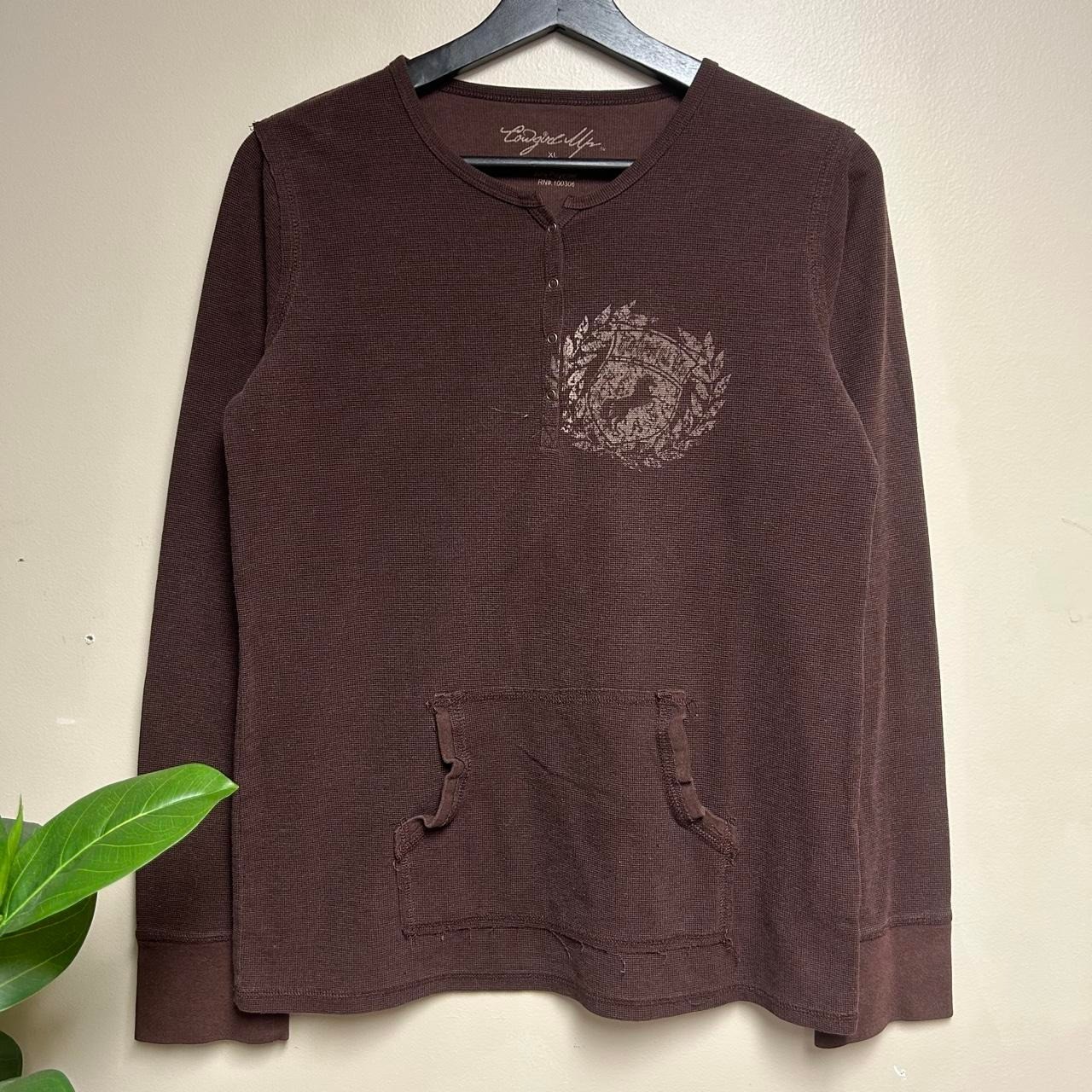 Cowgirl Up Brown Waffle Knit Thermal Henley Shirt Y2K Long Sleeve XL