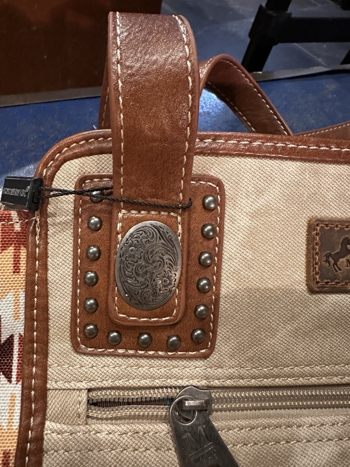 Montana West Western Aztec Geometric Tote Bag Zip Top Studded Pockets