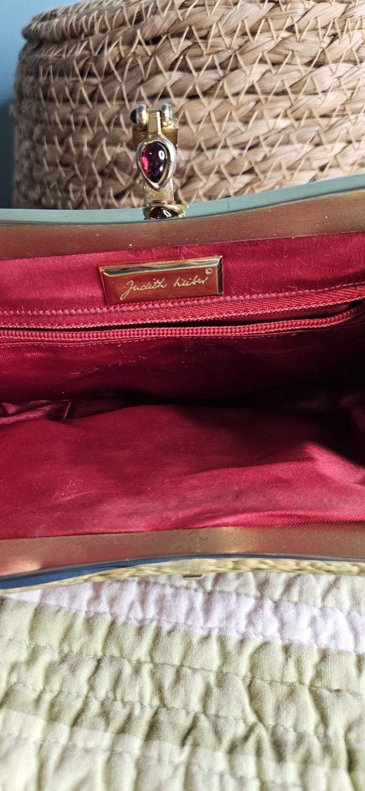 Judith Leiber Red Textured Pleated Clutch Gem Accent Clasp Gold Strap