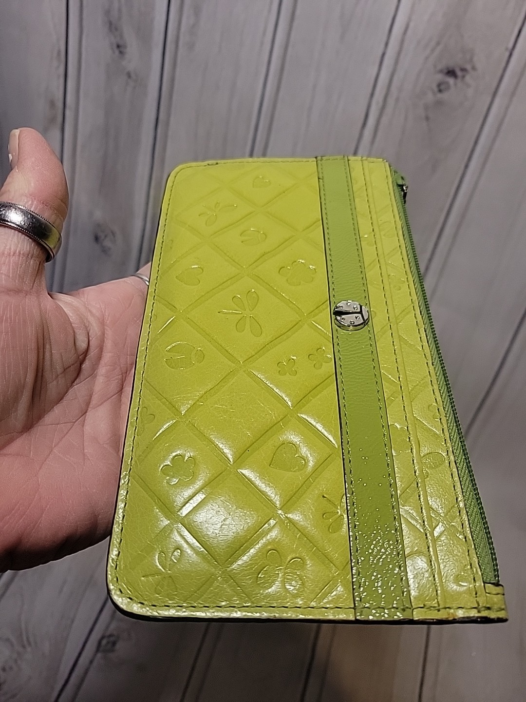 Brighton Spring Song Apple Green Leather Zipper Wallet Pouch EUC