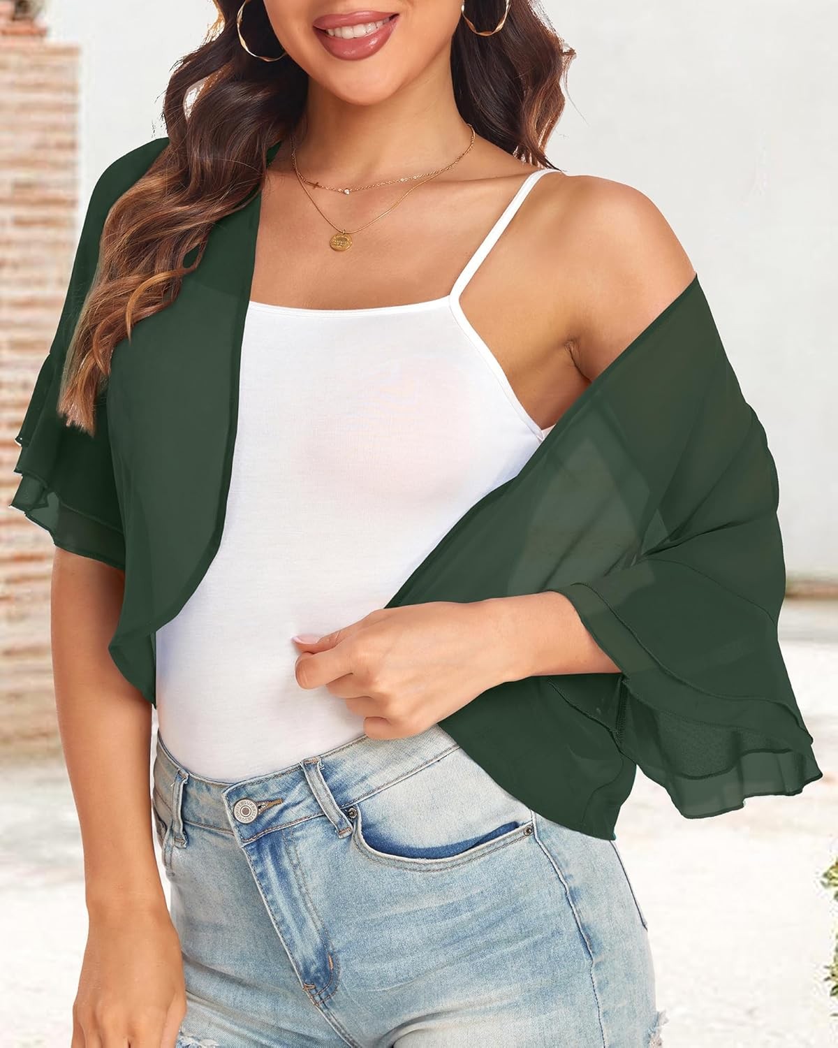 Womens Short Sleeve Shrug Open Front Sheer Ruffle Cardigan Lightweight Jacket