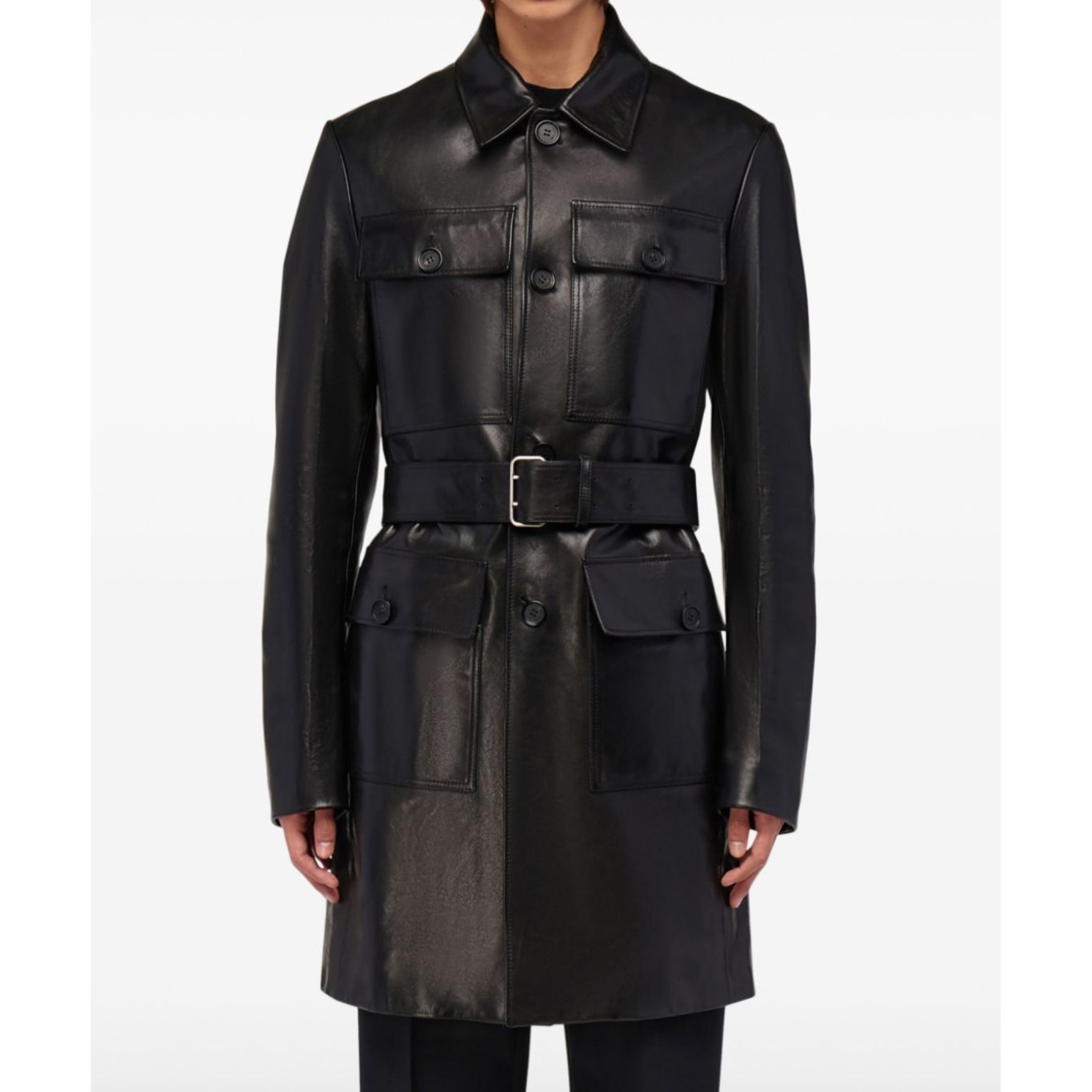 Men’s Genuine Leather Utility Black Field Coat Belted Four Pocket Casual