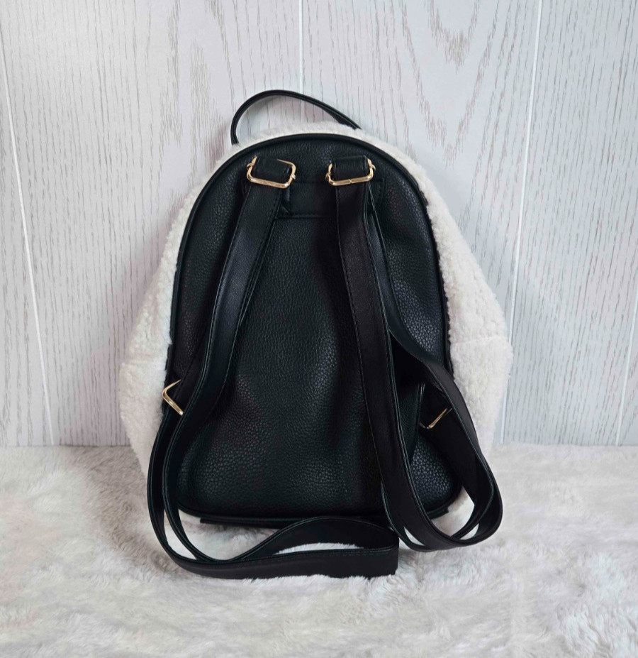 Juicy Couture Y2K Black & White Faux Sherpa Flashback Small Plush Backpack Purse