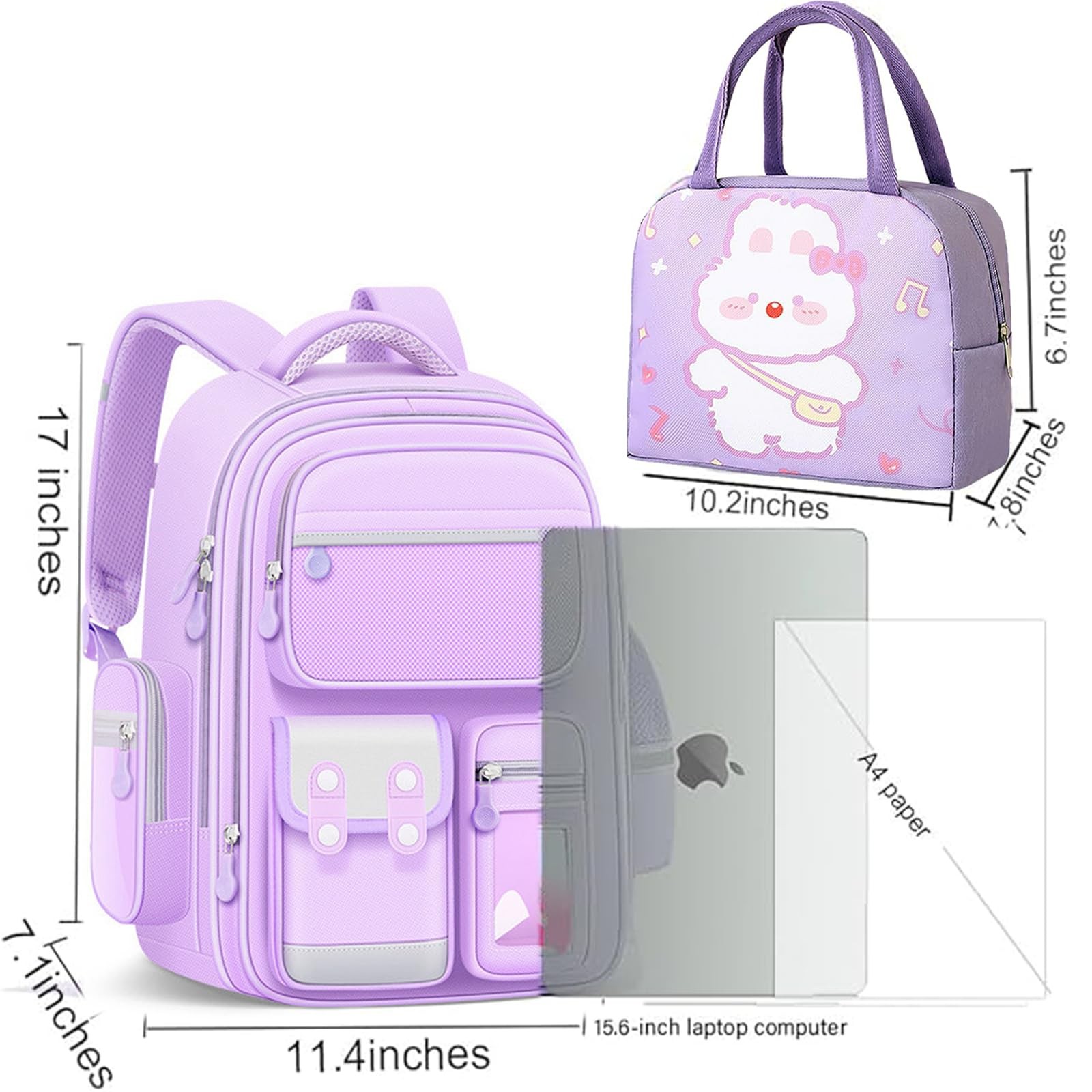 Purple School Backpack 16.5×11.8×7.9in Waterproof Large Capacity – Includes