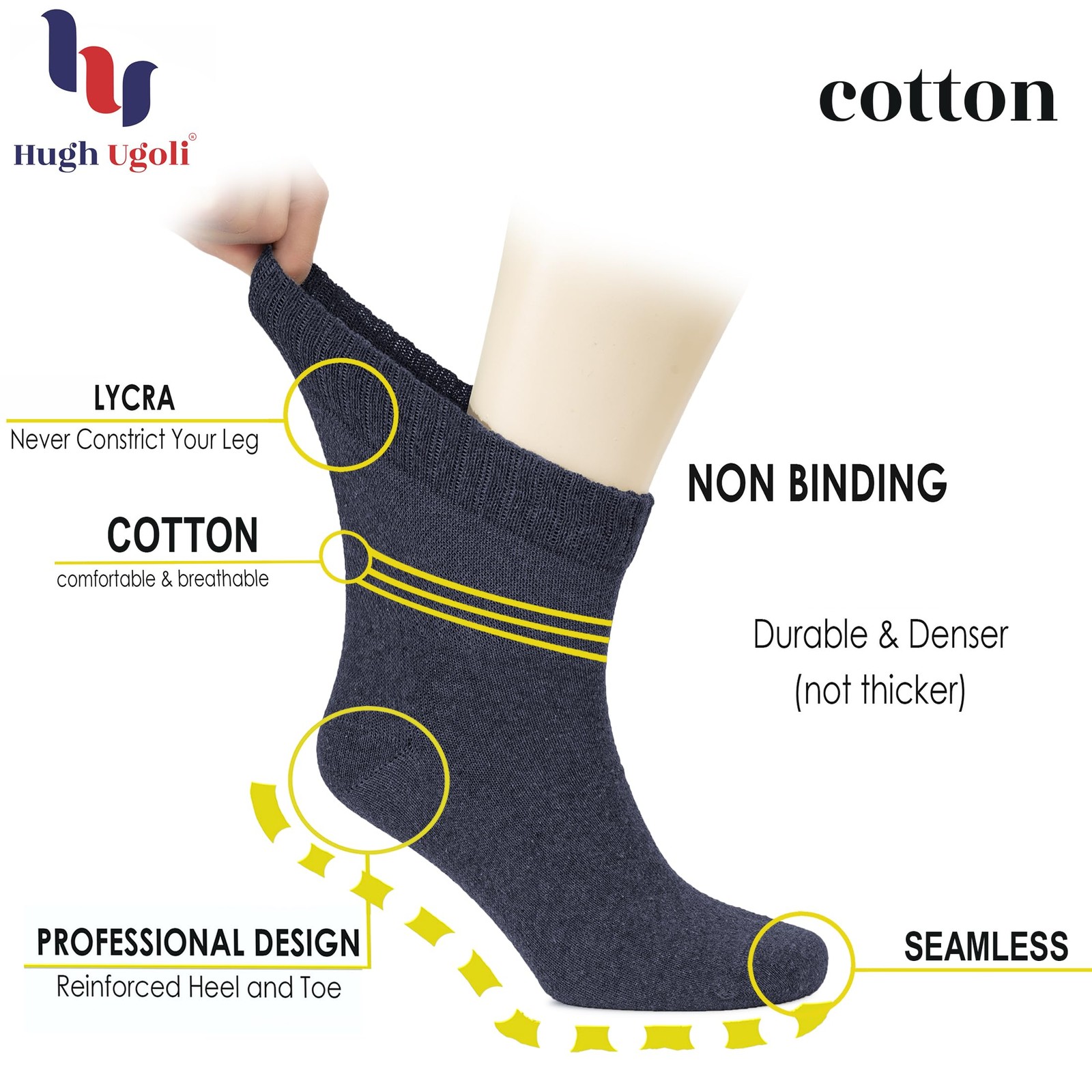 Hugh Ugoli Men’s Cotton Diabetic Ankle Socks Wide Thin Loose Fit and