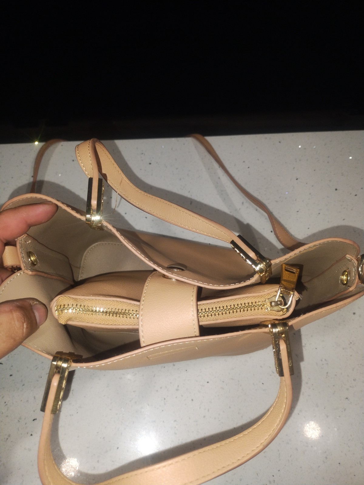 Women’s Beige Satchel Top Handle Bag, Zip/Magnetic, Detachable Strap, Pouch