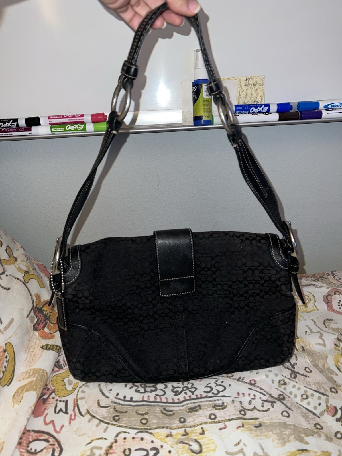 Coach Black Signature Logo Shoulder Bag Buckle/Magnetic Closure Silver Hardware