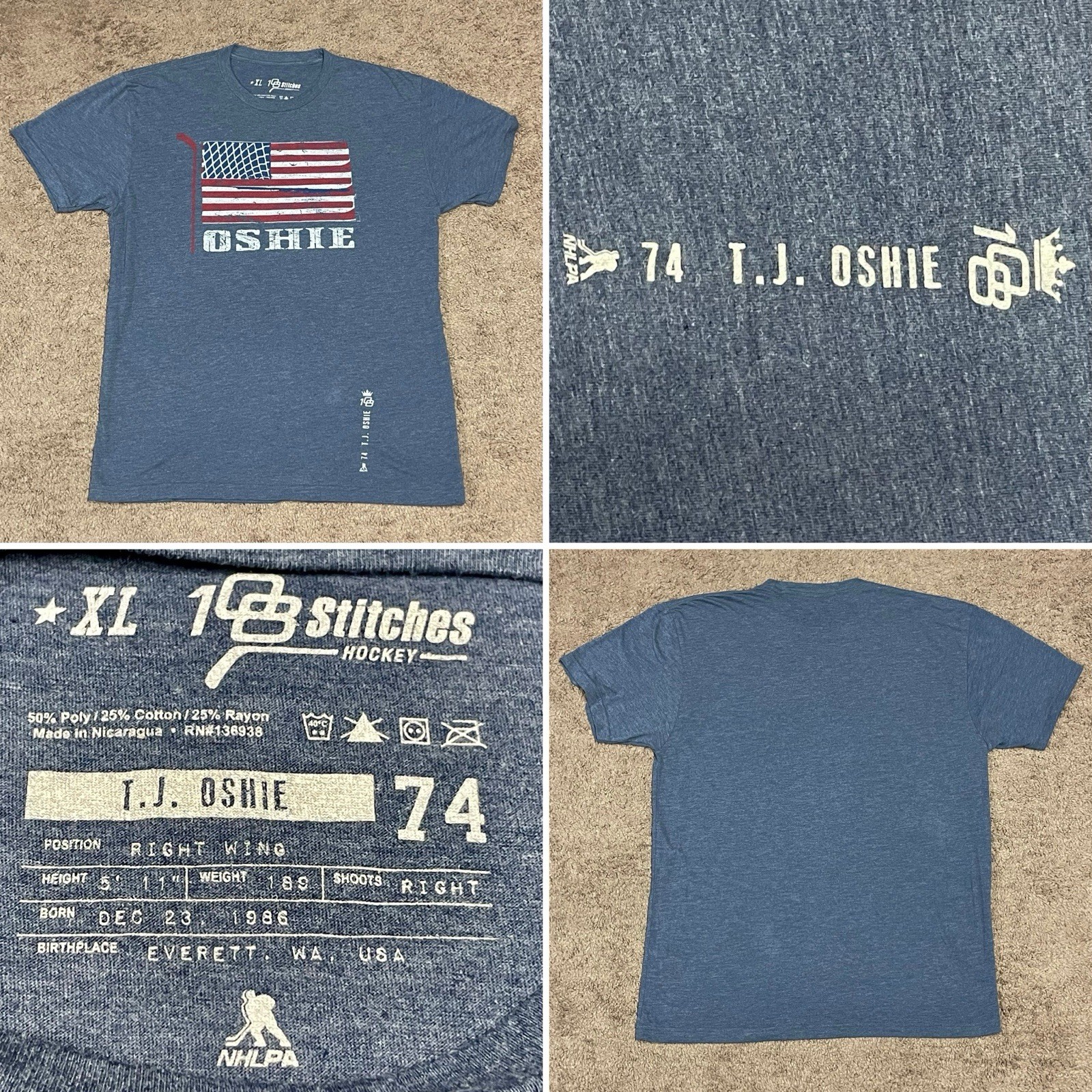 TJ Oshie USA Hockey T-Shirt — XL — 108 Stitches Brand — Lightweight & Tagless