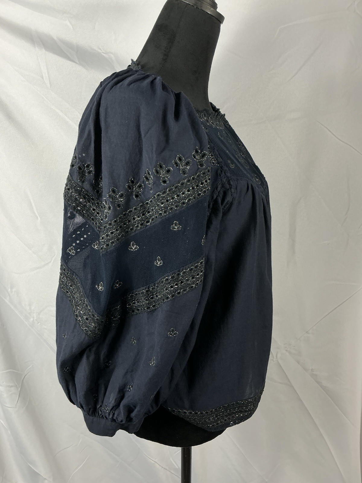 Anthropologie Navy Blue Lace Balloon Puff Sleeve Blouse Top Shirt Size M
