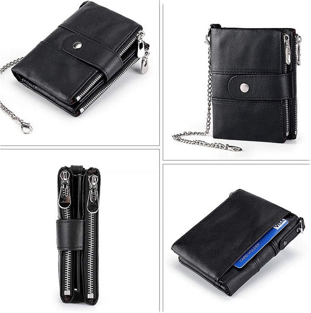 Real Leather Bifold Wallets for Men Double Zip Coin Pocket Purse with Chain
