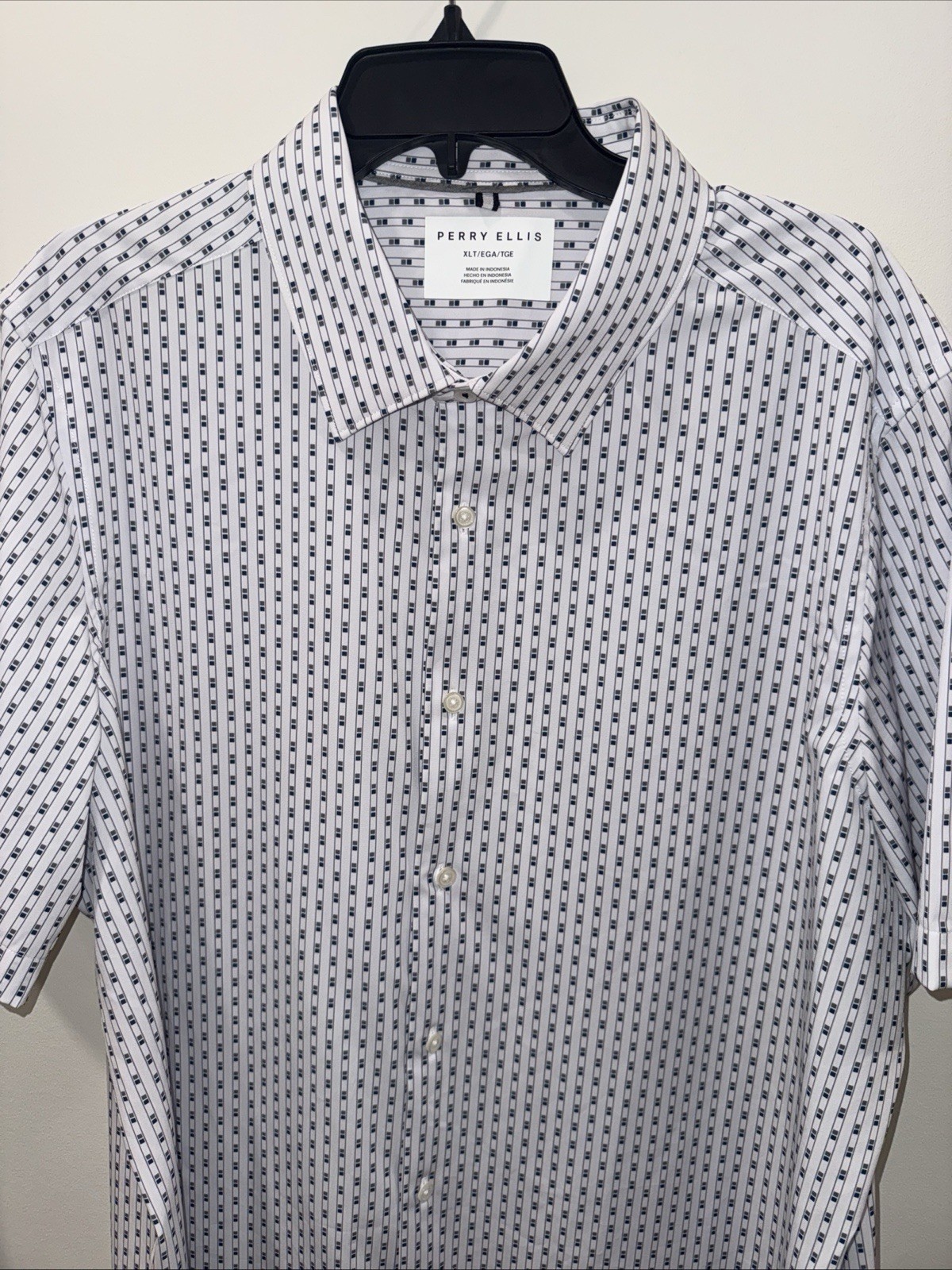 Perry Ellis Button-Up Shirt, Geometric Pattern (White/Blue/Gray), XL Tall, NWOT
