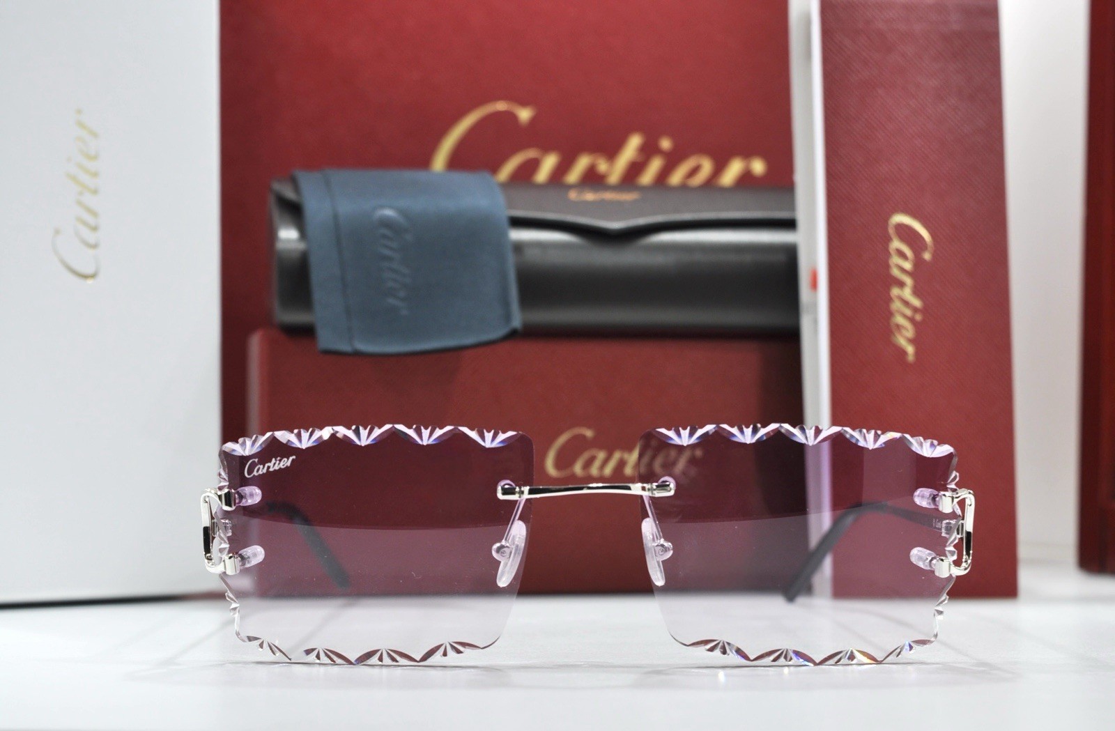 Cartier rimless sunglasses piccadilly glasses Diamond Cut BIG C silver Frame