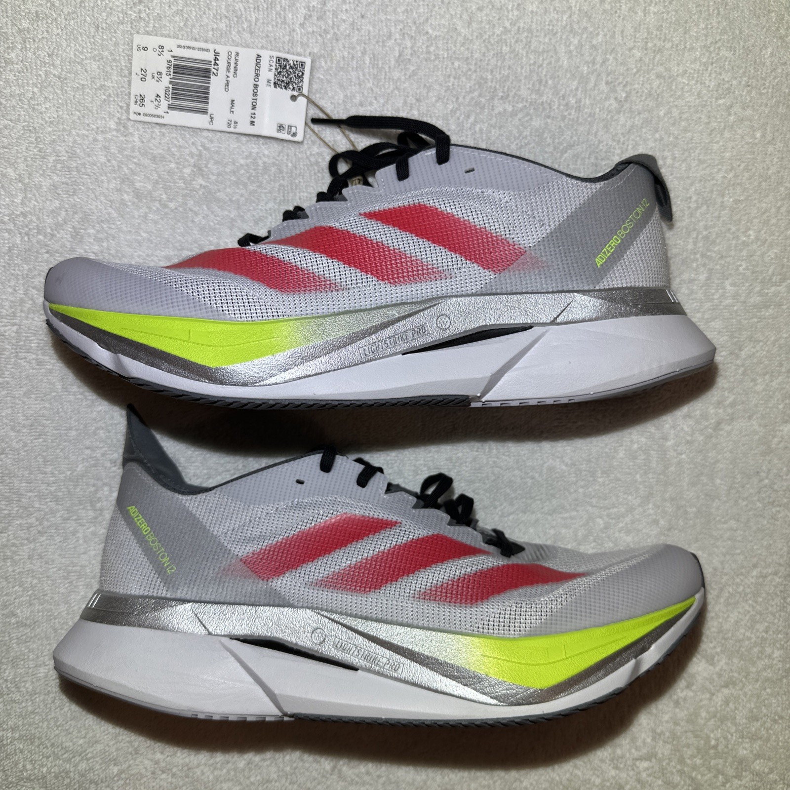 Adidas Adizero Boston 12 Dash Grey Lucid Red Lucid Lemon JI4472 Men’s Size 9