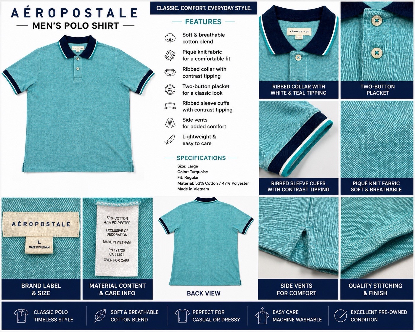 Aeropostale Men’s Turquoise Cotton Blend Short Sleeve Polo Style Golf Shirt (L)