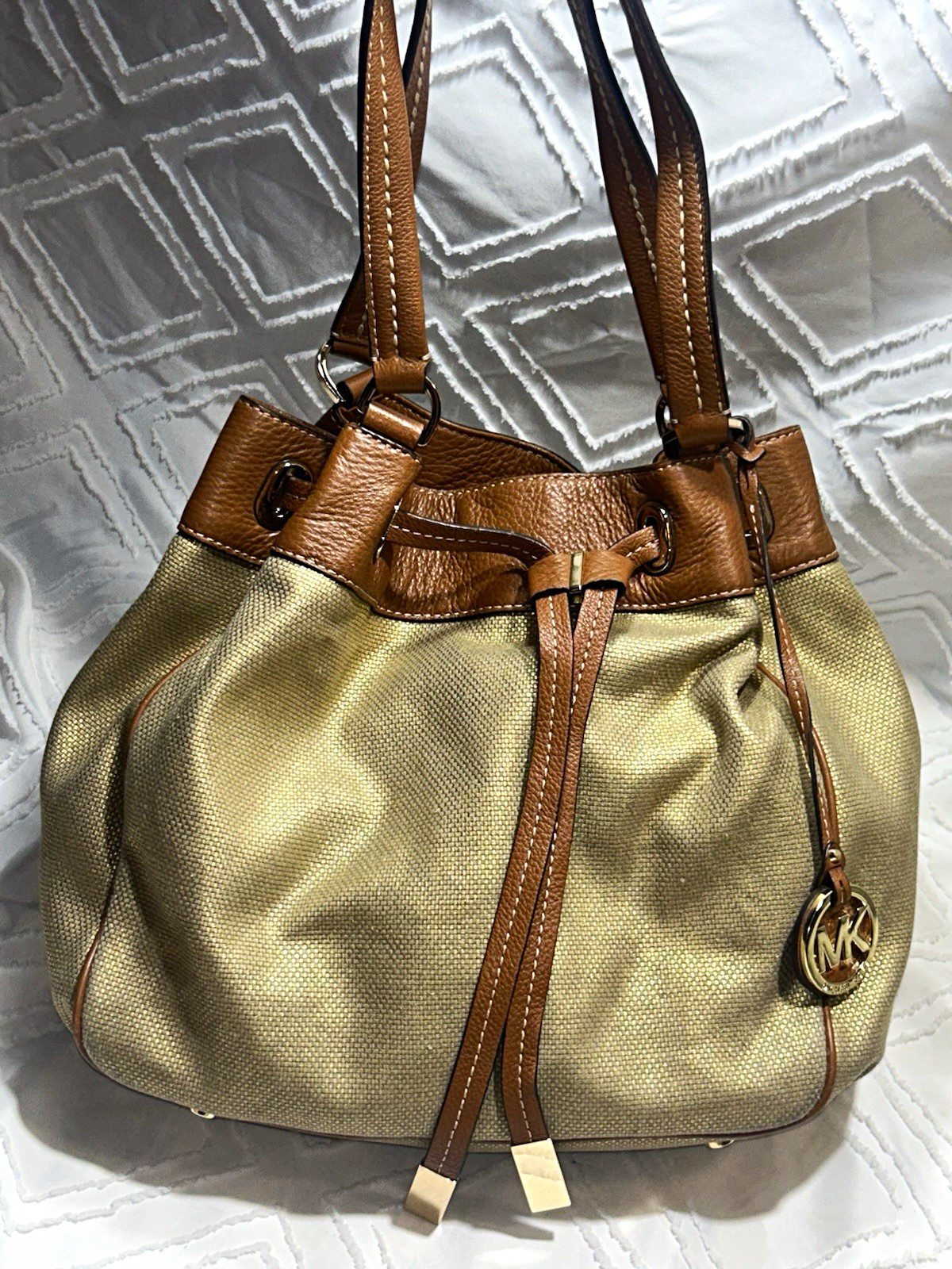 Michael Kors Marina Large Canvas Drawstring Tote Bag Gold Metallic Brown Leather