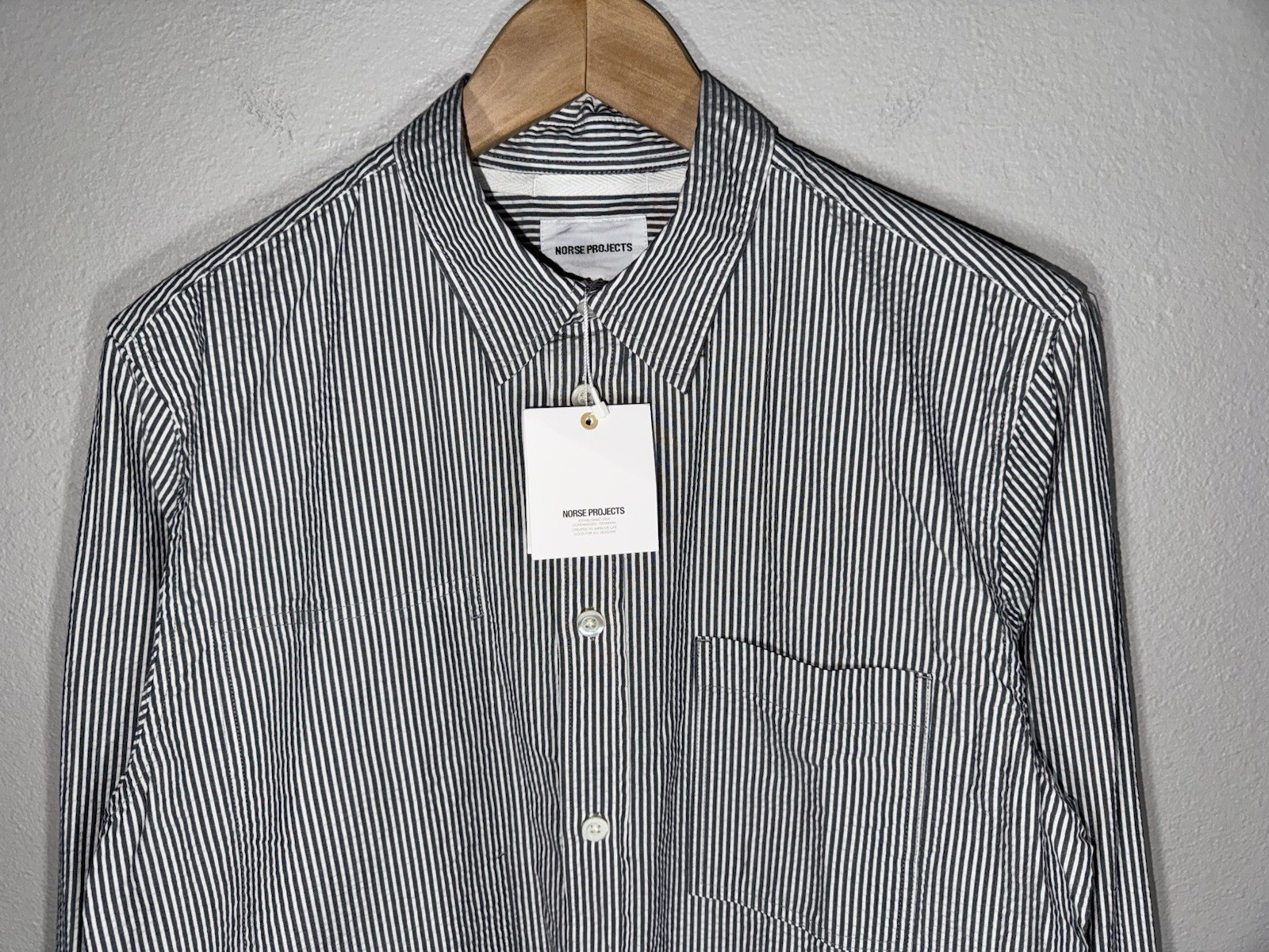 Norse Projects Thorsten Seersucker Shirt Mens Size M Navy Striped (NEW)