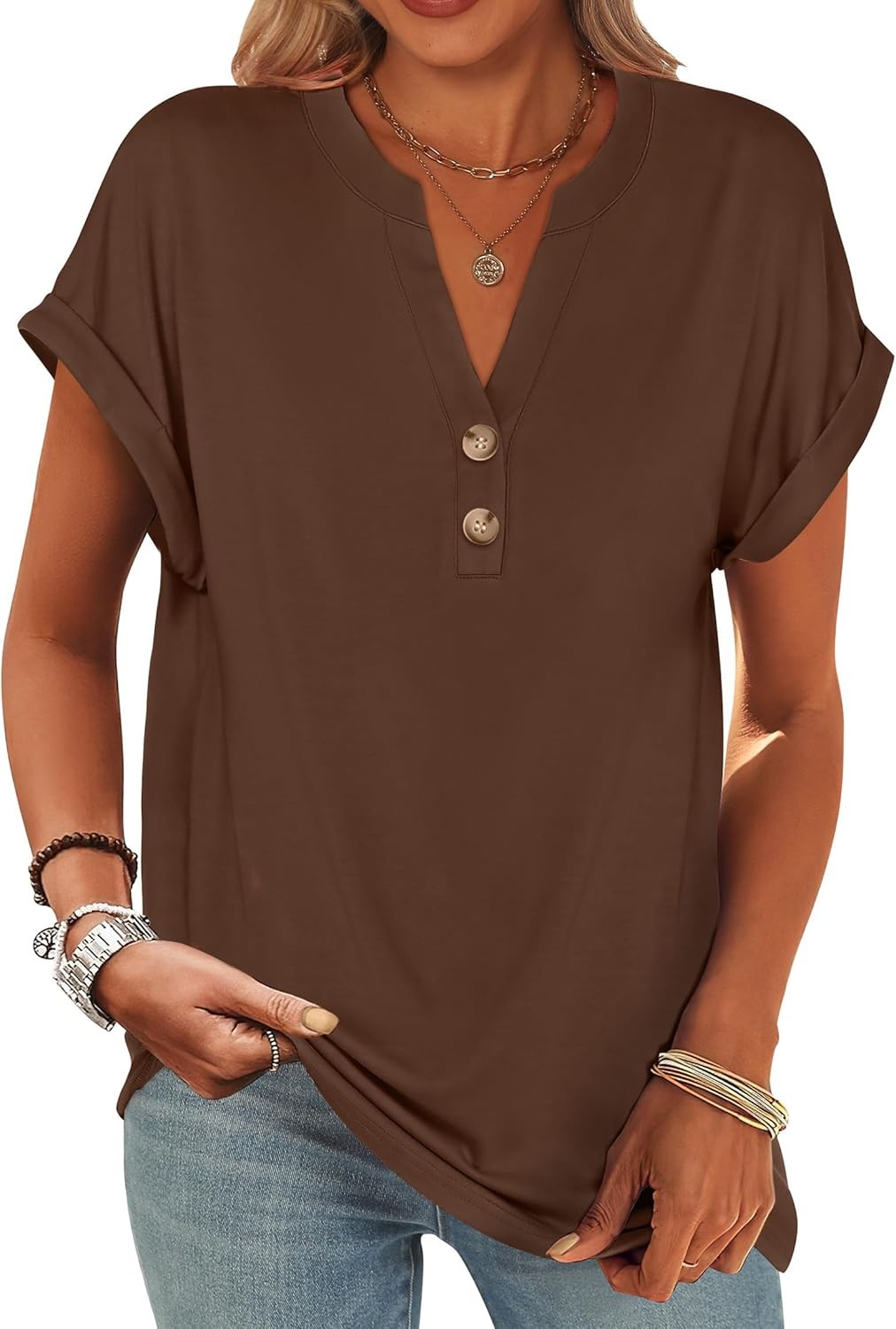 Womens Henley V Neck Short Sleeve Loose Fit Casual Summer Tunic Blouse Top