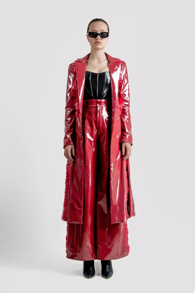 Women Red Vinyl Glossy Waterproof Shinny pants