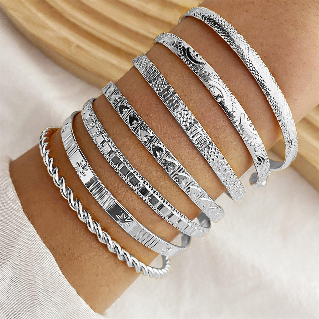 LXSSLY 7Pcs Silver Cuff Bracelets Set for Women,Boho Multi 2.36 in, Silver2