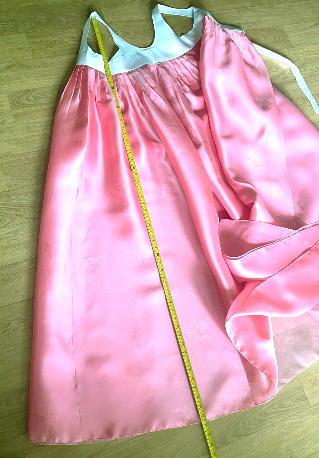 Premium Silk Traditional Korean Hanbok Dress–Light Blue & Pink/Hand bag / Junior