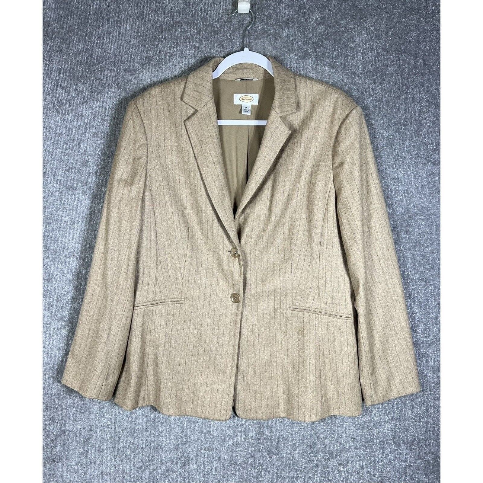 Talbots Stretch Blazer Womens Size 16 Long Sleeve Tan Italian Fabric Wool Nylon