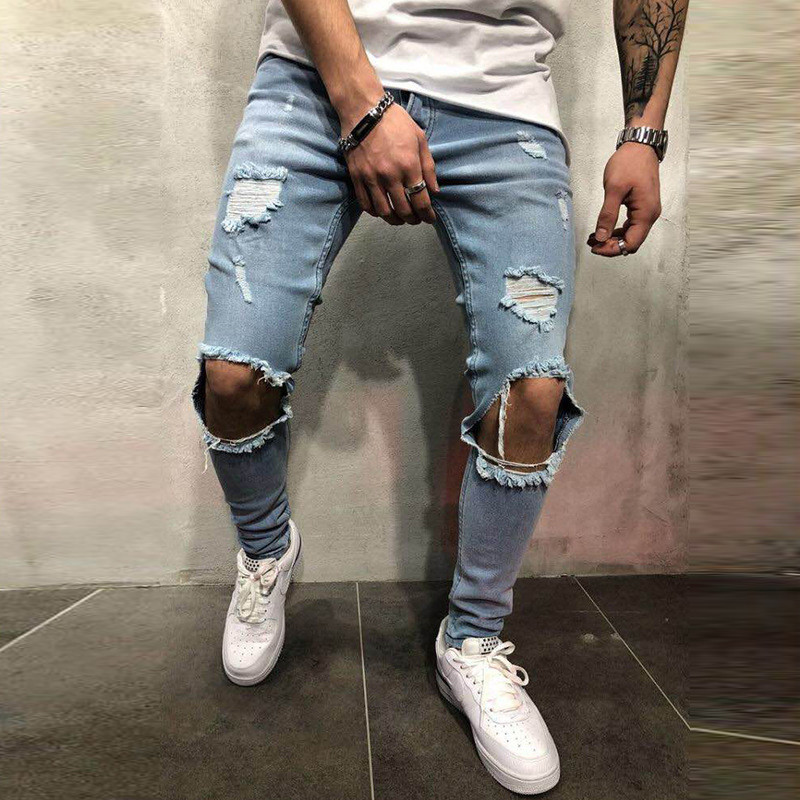 Mens Skinny Stretch Ripped Jeans Distressed Frayed Slim Fit Denim Pants Trousers