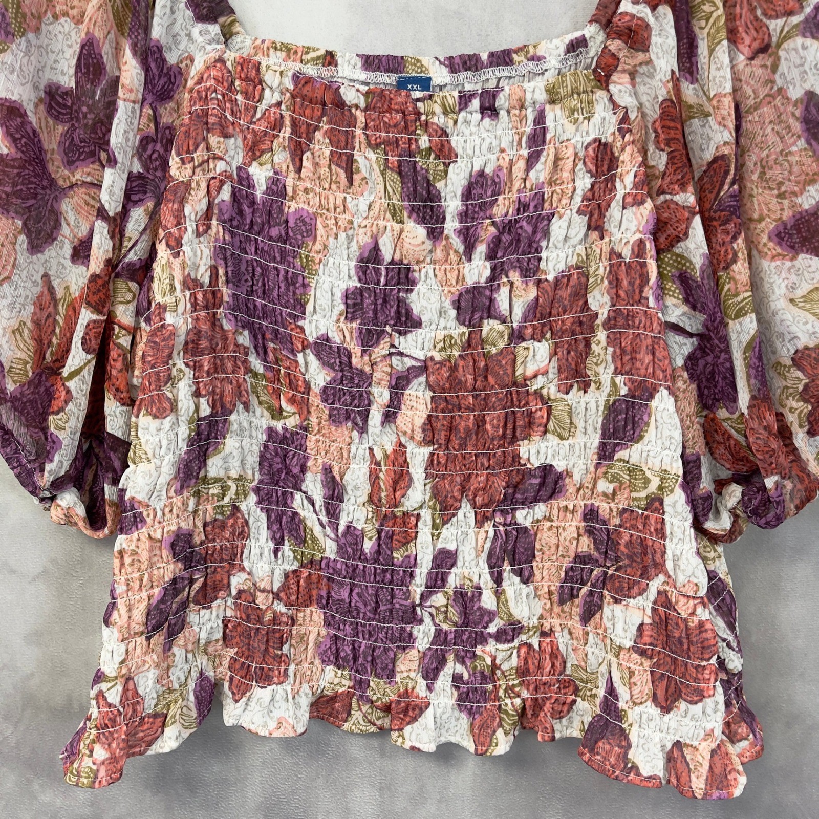 Old Navy Smocked Puff Sleeve Floral Top Women XXL Stretch Flowy Cottage Boho