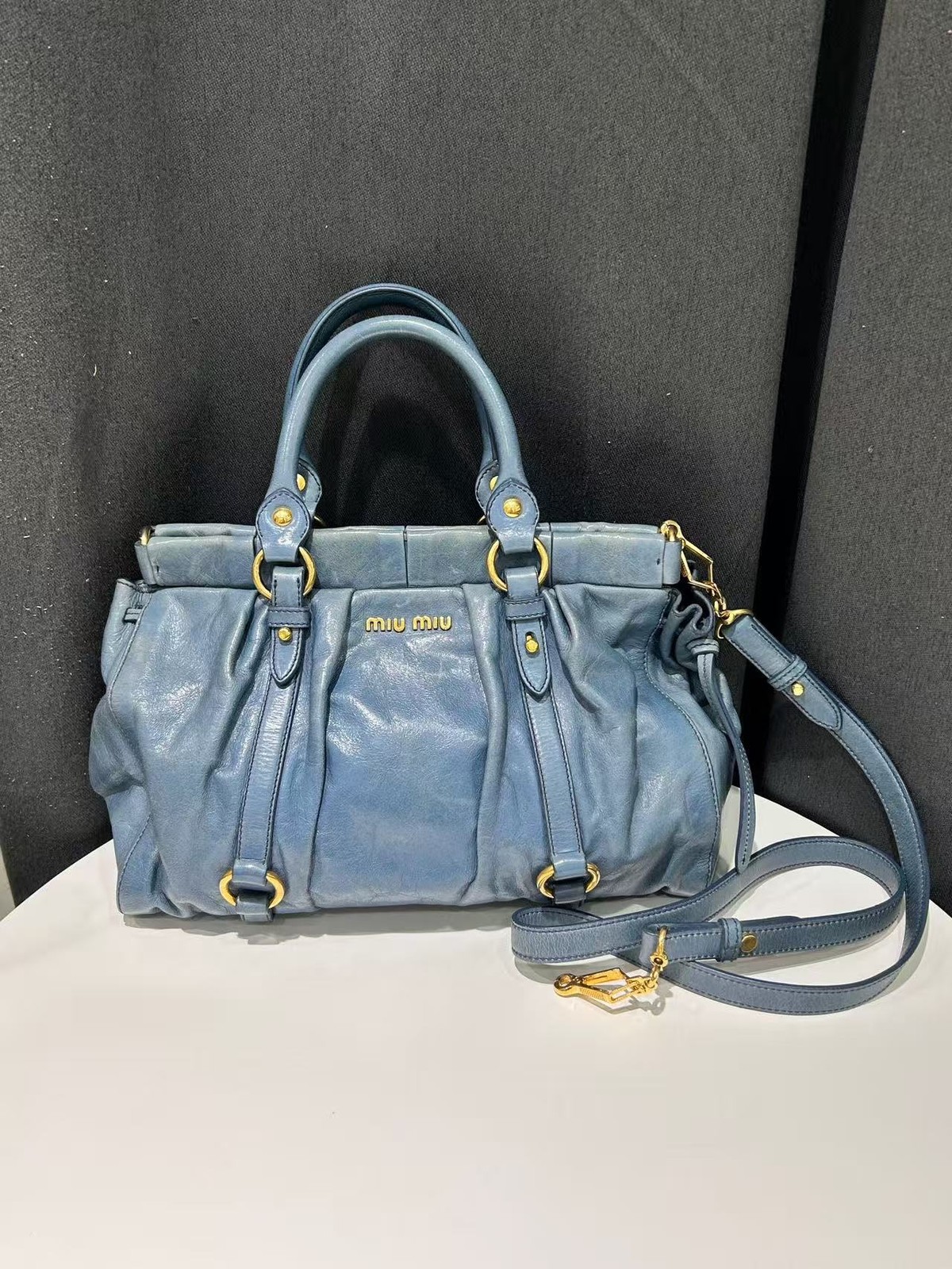 Authentic Miu Miu Biker Blue Oil Wax Leather Handbag Italy
