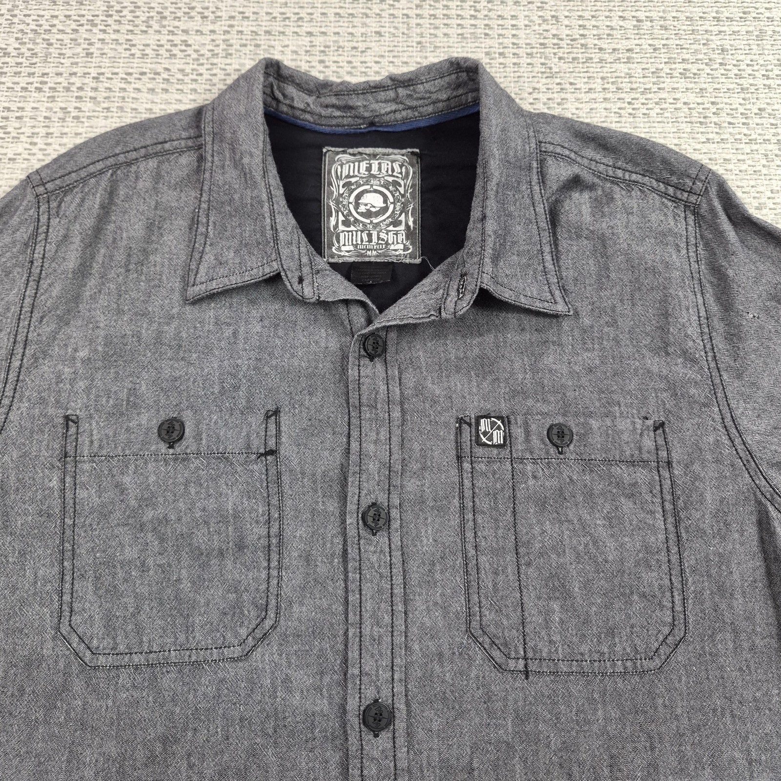 Metal Mulisha Button Up Shirt Mens Large Gray Herringbone Long Sleeve Casual