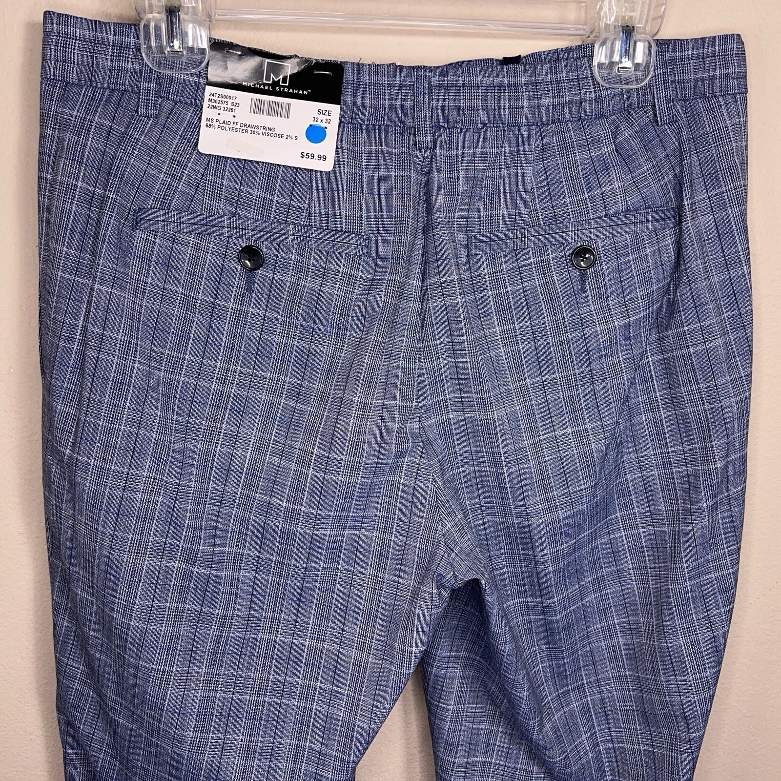 NEW 32×32 MICHAEL STRAHAN PANTS BLUE PLAID GOLF CASUAL DRAWSTRING