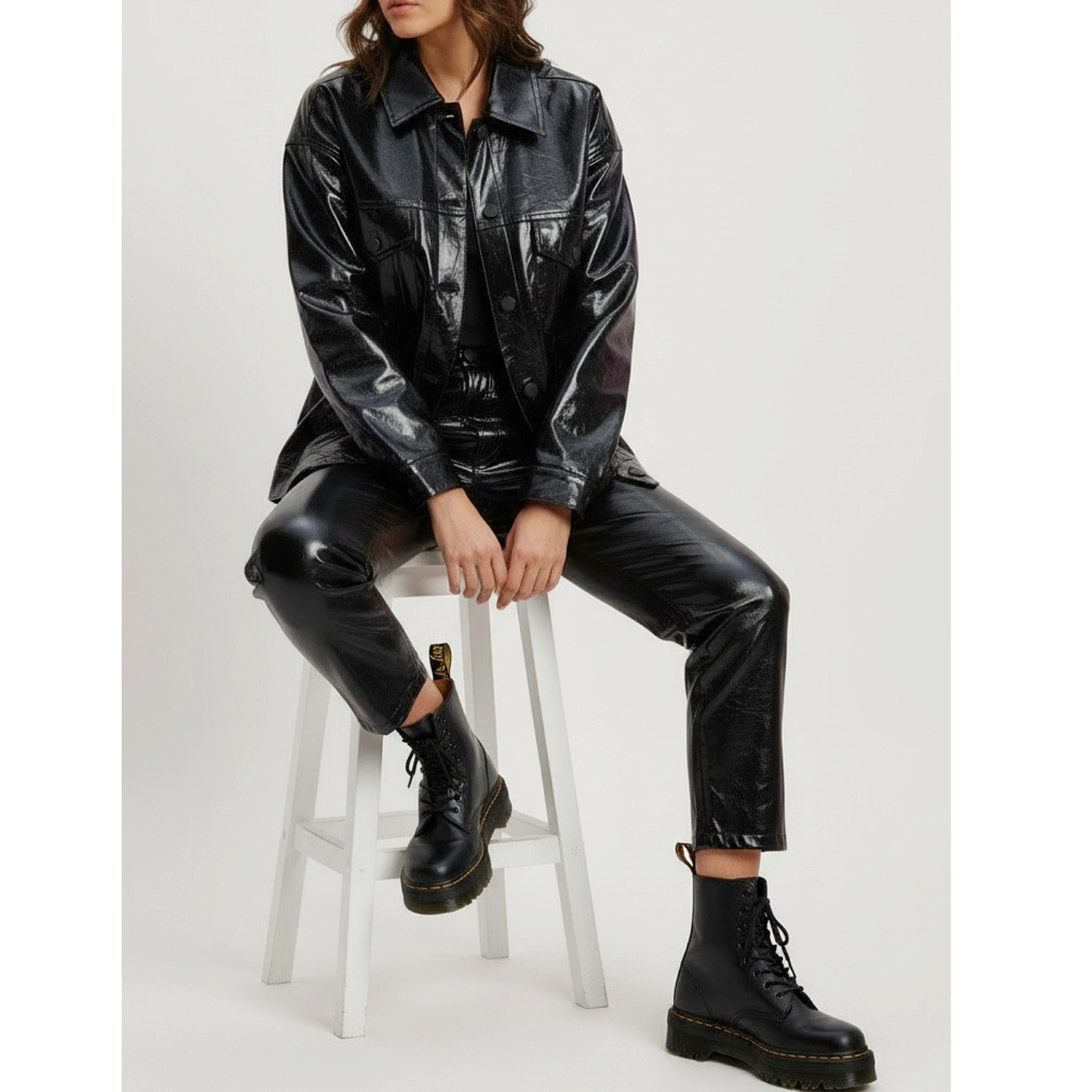 $225 NWT GOOD AMERICAN Faux Crinkle Leather Oversized Puffer Jacket, Black, L/XL