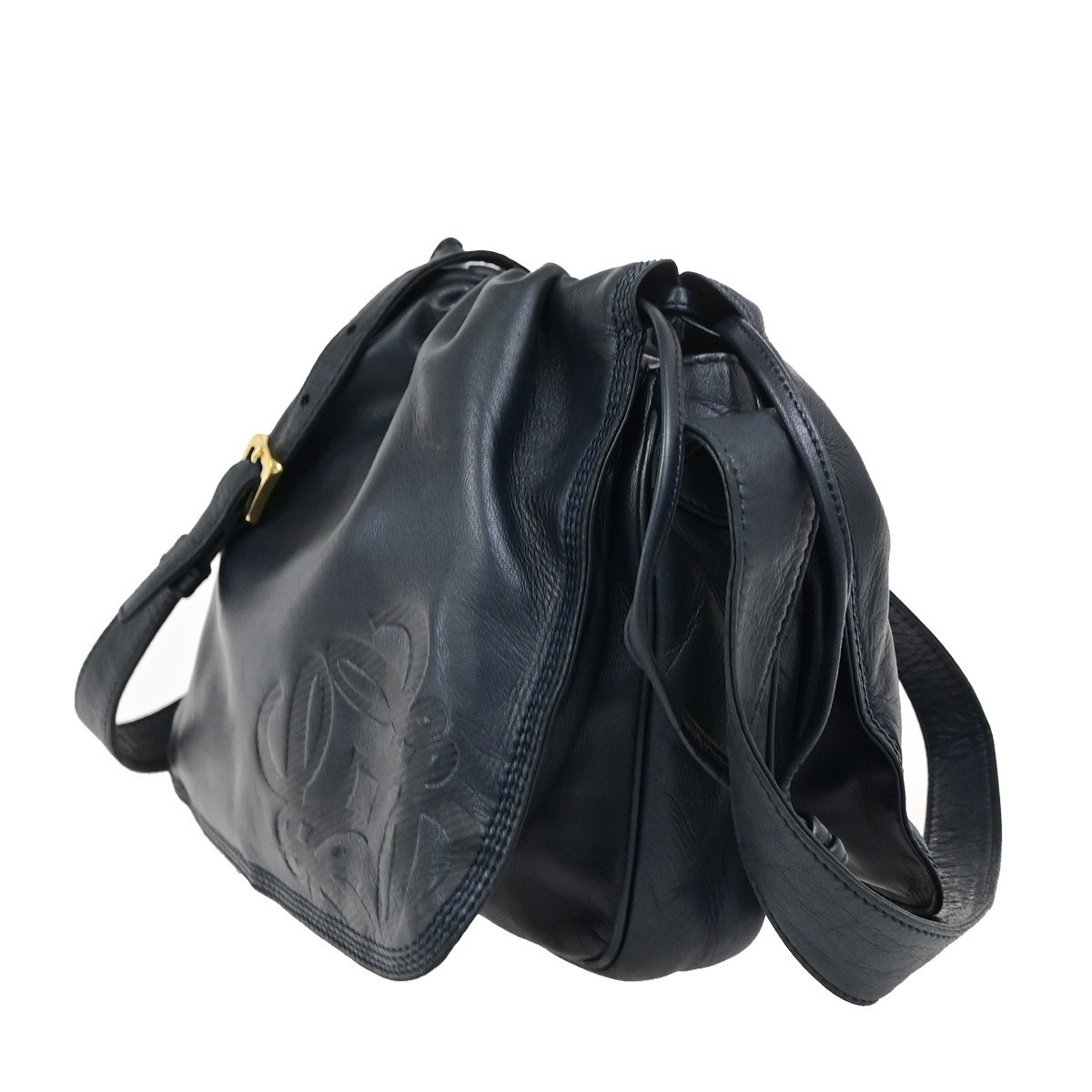 LOEWE Logo Drawstring Anagram Shoulder Bag Leather Navy Blue GHW Spain 83KD267