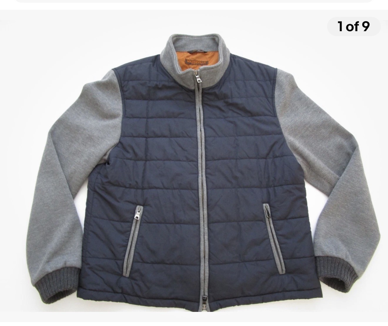 Mens 56 Waterville quilted wool bomber jacket blue gray Italy