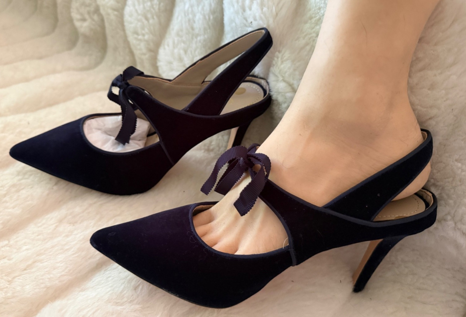 BODEN SIZE 38EU 7/7.5 Black Suede Covered Heel Slingback Stiletto Front Tie Bow