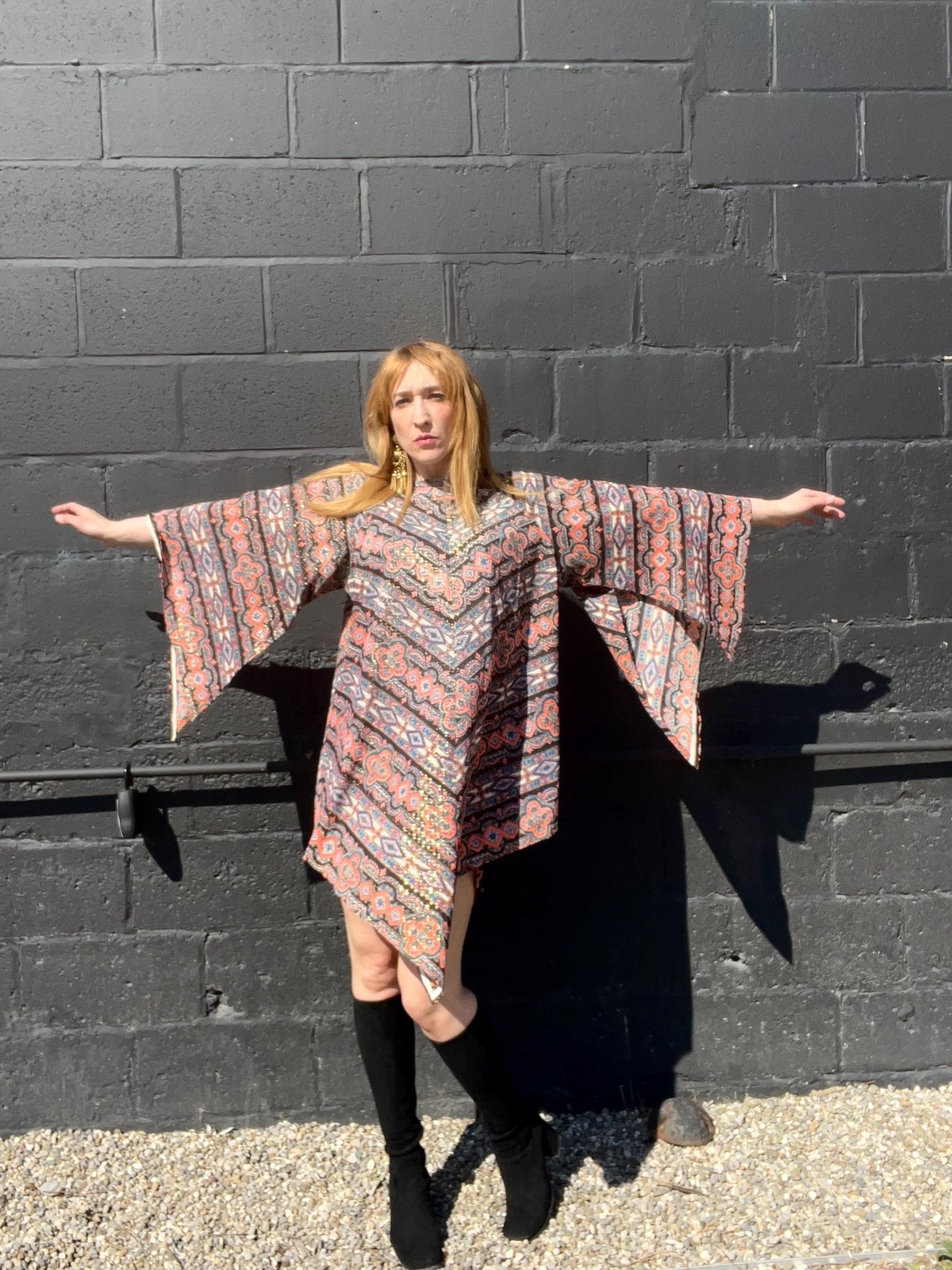 MAMA CASS Vintage 1960s Boho Metallic Angel Sleeve Dress, by Pennington’s, made