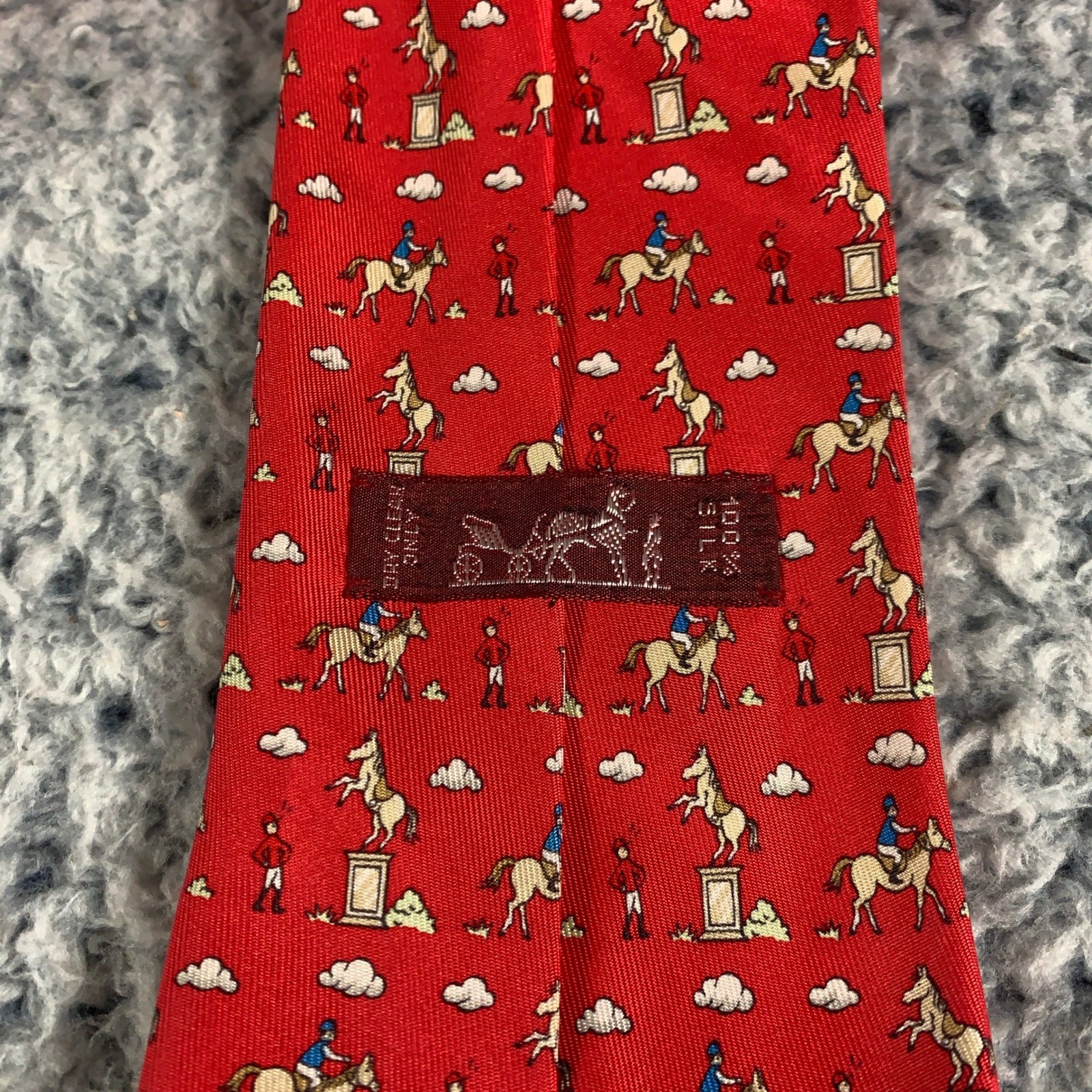 Hermes Silk Tie Mens OS Red Equestrian Jockey French Designer Jumping Horse