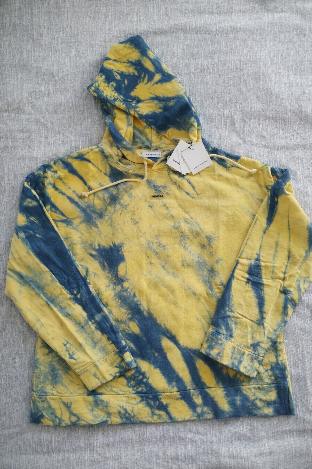Sandro Paris Tie Dye Hoodie Yellow Blue Designer Pullover Sweatshirt L NWT